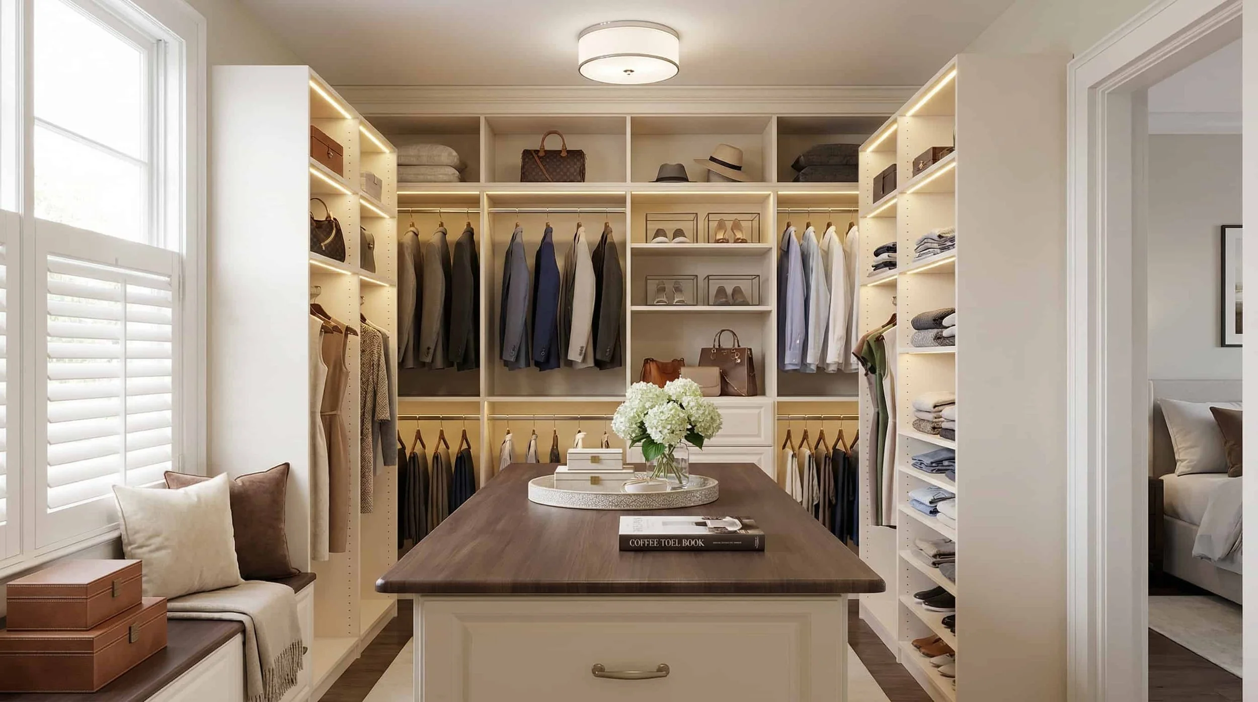 A walk-in closet with organized shelves of clothes, shoes, and handbags, and a wooden island with flowers on top, adjacent to a living area with a window and seating.