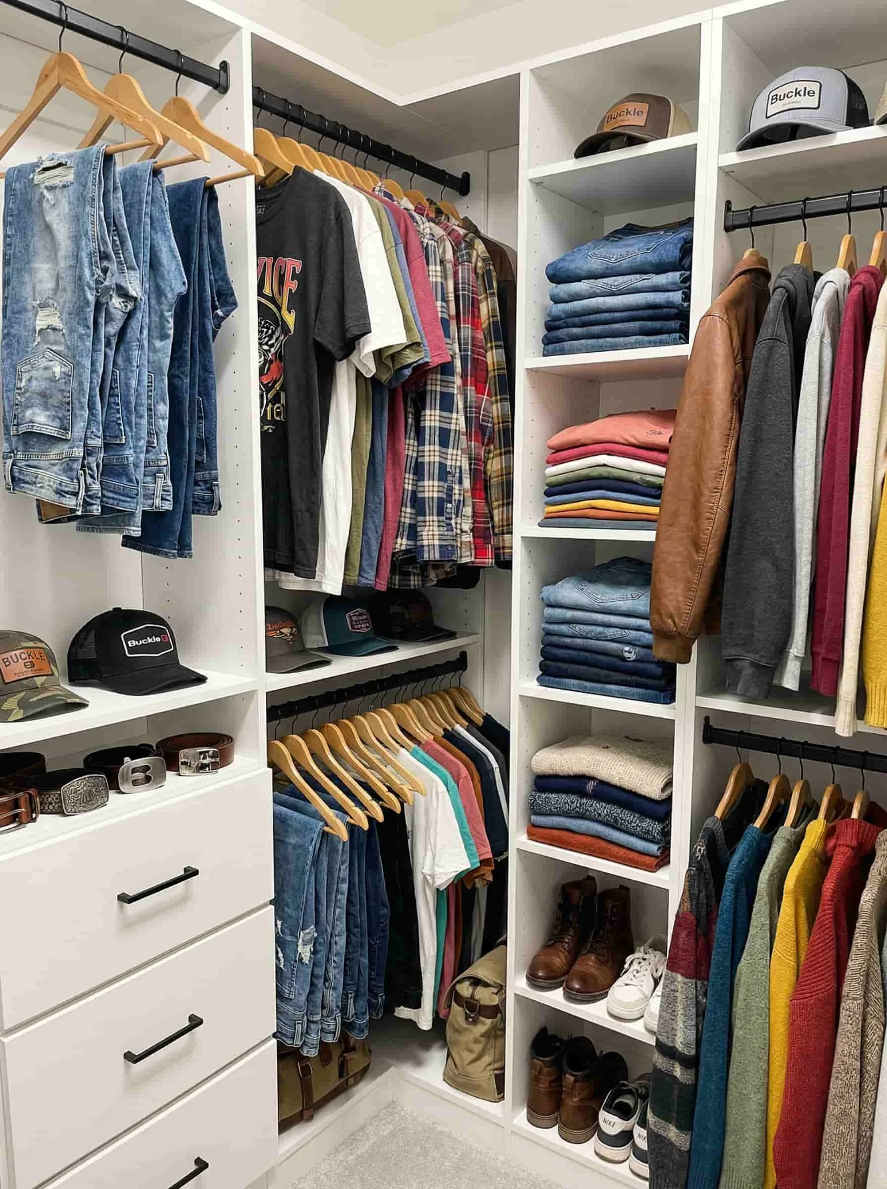 A neatly organized custom walk-in closet with clothing racks, shelves filled with folded jeans, T-shirts, and sweaters, and a few hats and shoes on display.