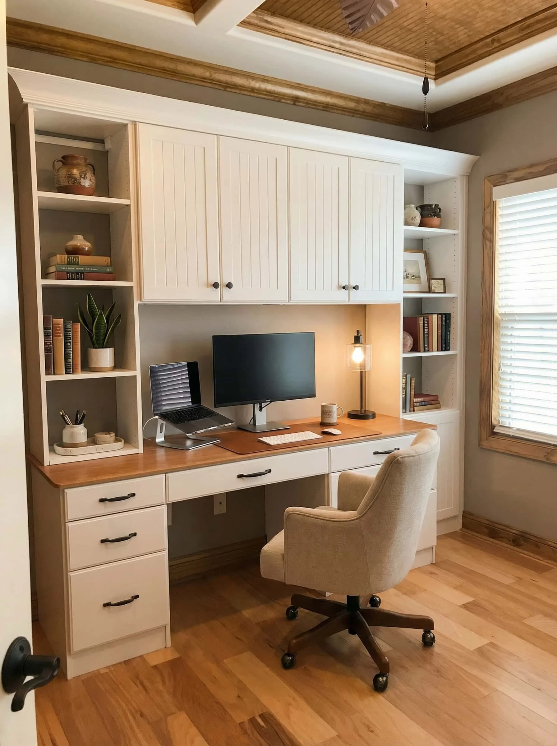 Custom office built-in with storage cabinets and drawers