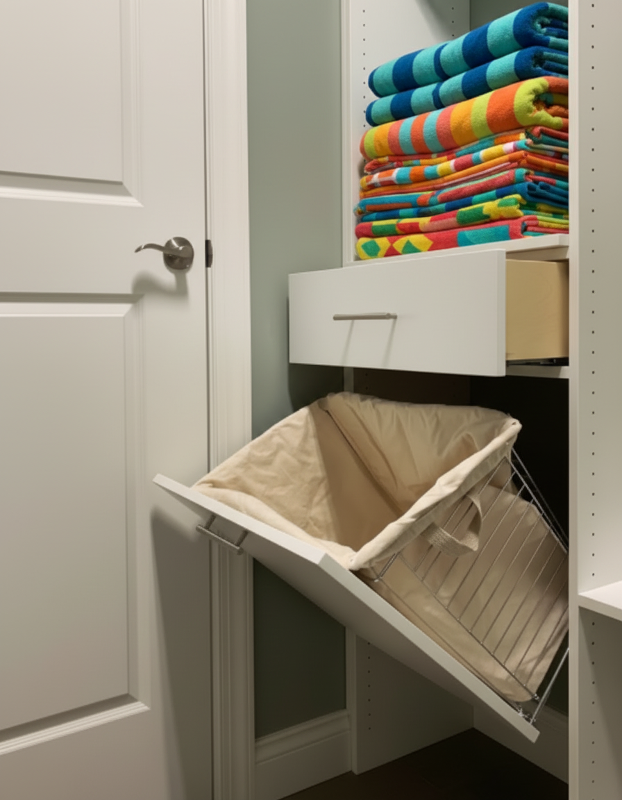 A laundry or linen closet with neatly folded colorful towels on a white shelf, and a beige fold-down laundry basket with a metal rack underneath.