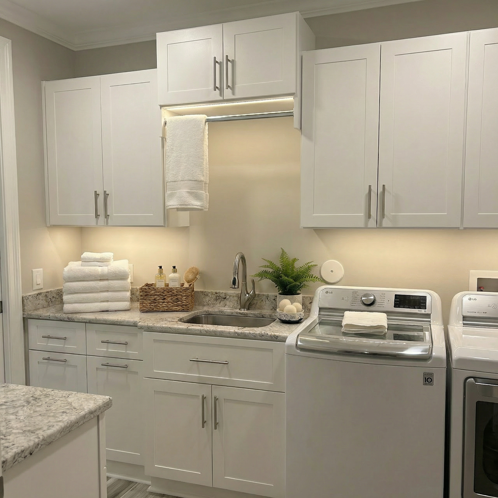 Laundry room with white cabinets, granite countertops, and a stainless steel sink. Towels and toiletries are on the counter, with a basket of soap and a potted plant nearby. There is a washing machine and dryer.