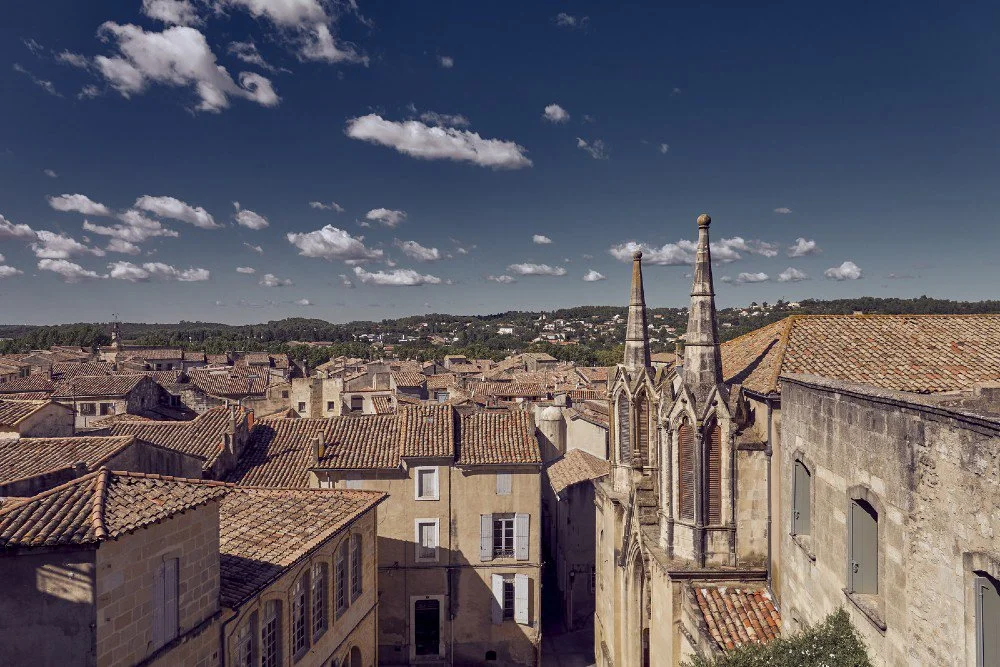 View of a historic European town with tiled rooftops and a Gothic-style church with twin spires under a partly cloudy sky.