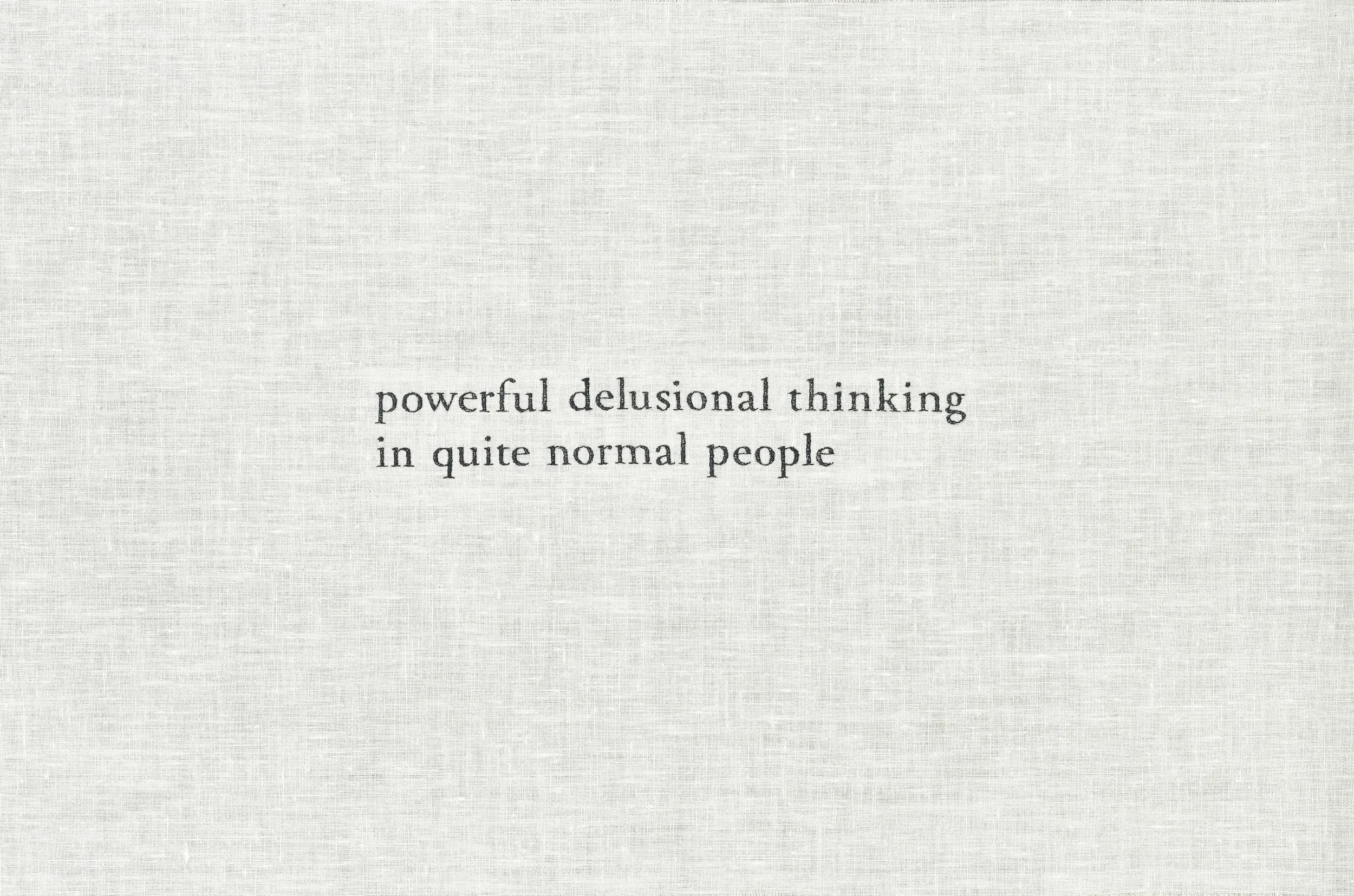  powerful delusional thinking in quite normal people —Joseph Weizenbaum, 1976 , 2026. Silk thread on linen, 11×18 inches.
