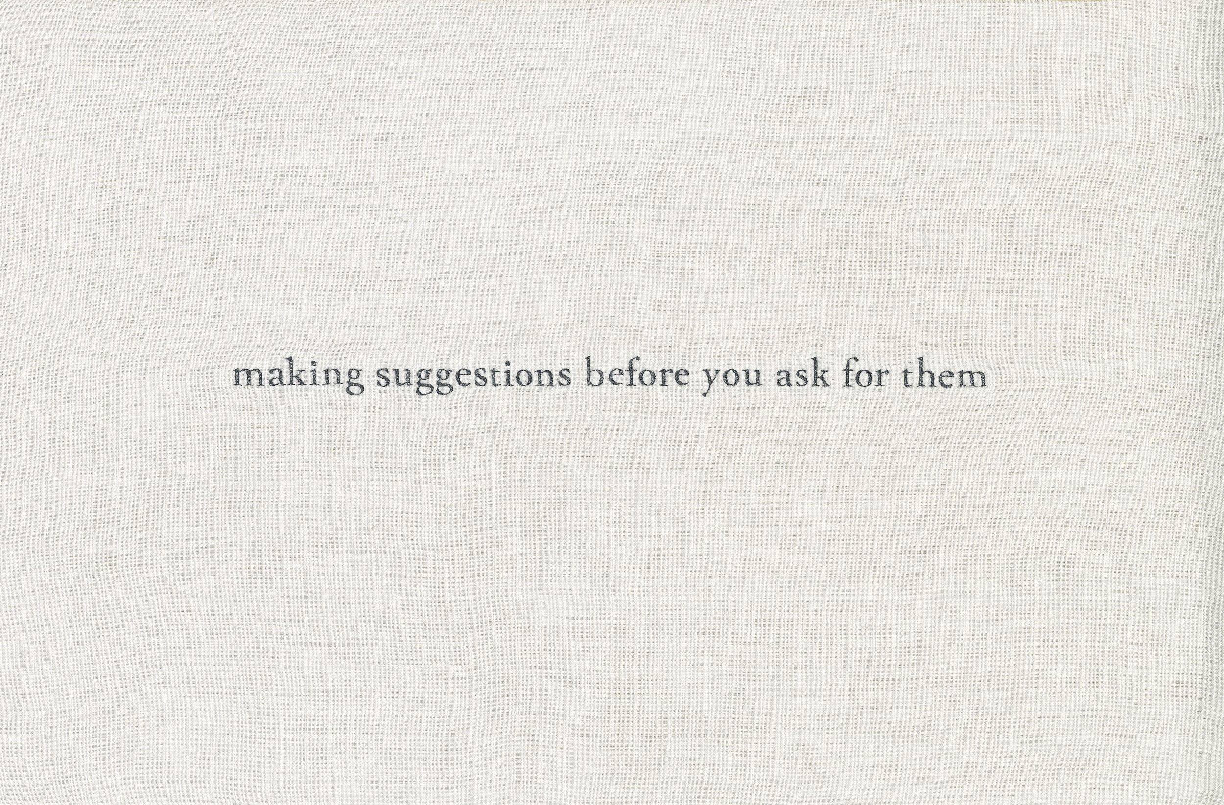  making suggestions before you ask for them  —Bill Gates, 2023 , 2026. Silk thread on linen, 11×18 inches.