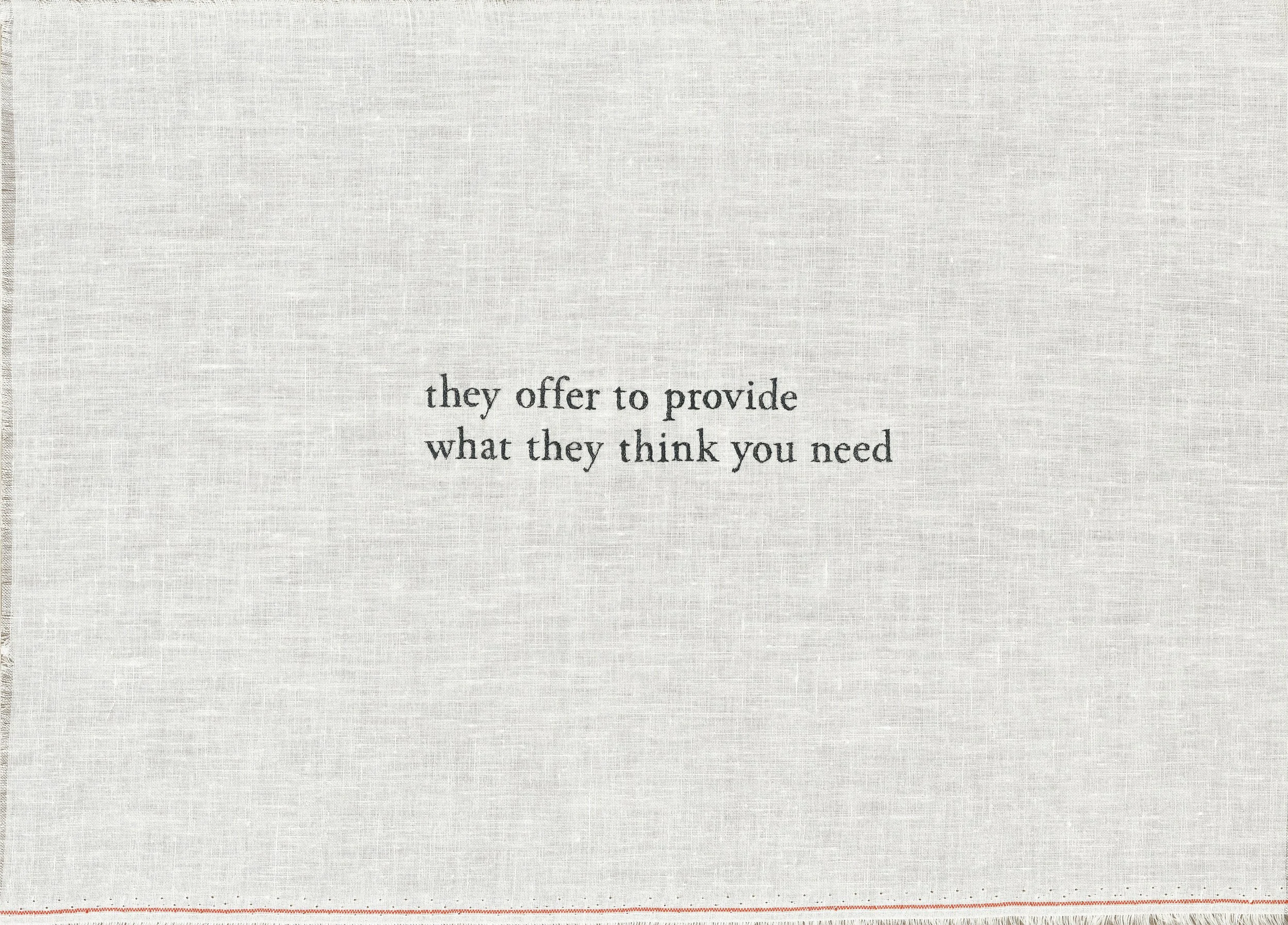  they offer to provide what they think you need  —Bill Gates, 2023 , 2026. Silk thread on linen, 11×18 inches.