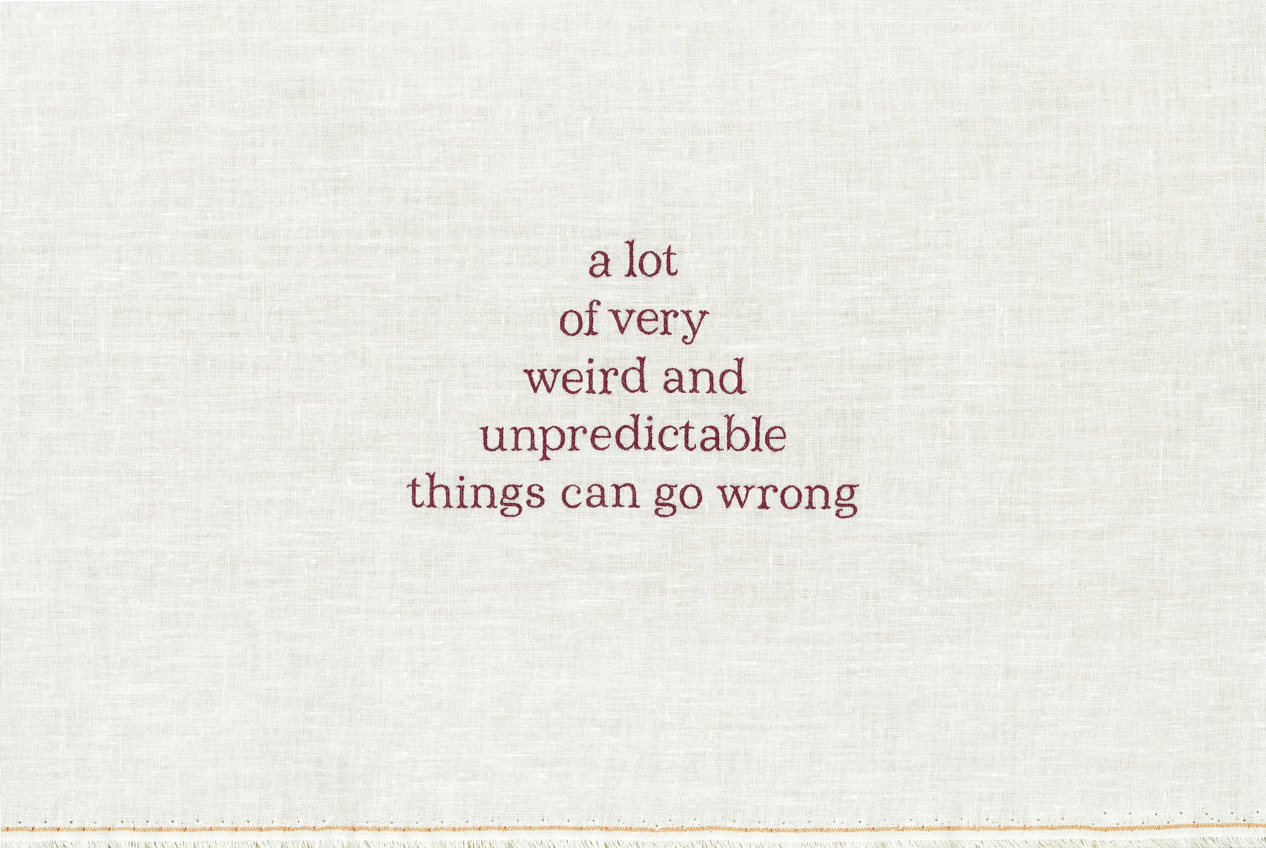  a lot of very weird and unpredictable things can go wrong  —Dario Amodei, 2026 , 2026. Silk thread on linen, 11×18 inches.