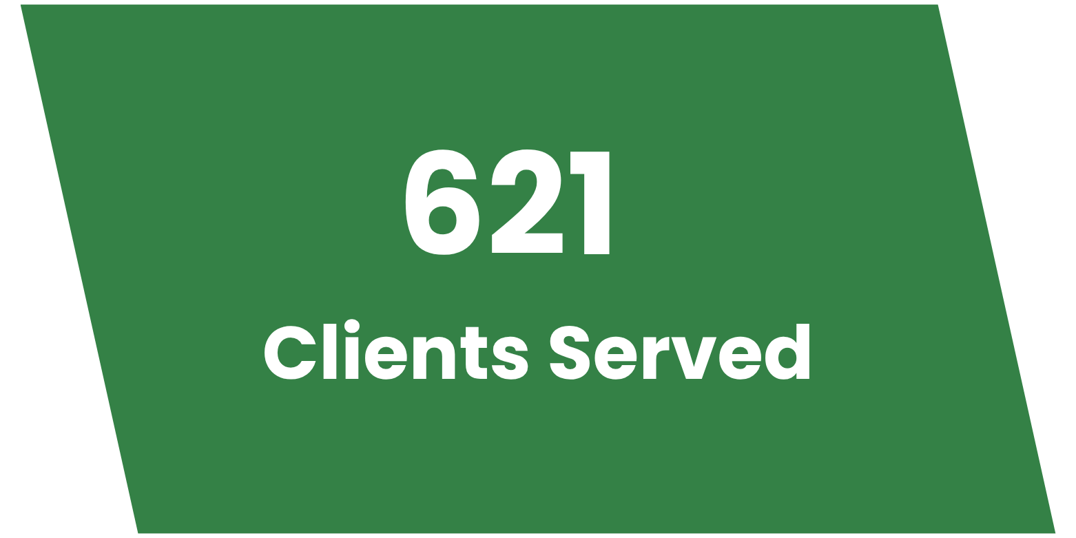 Green rectangular badge with white text stating '621 Clients Served'.
