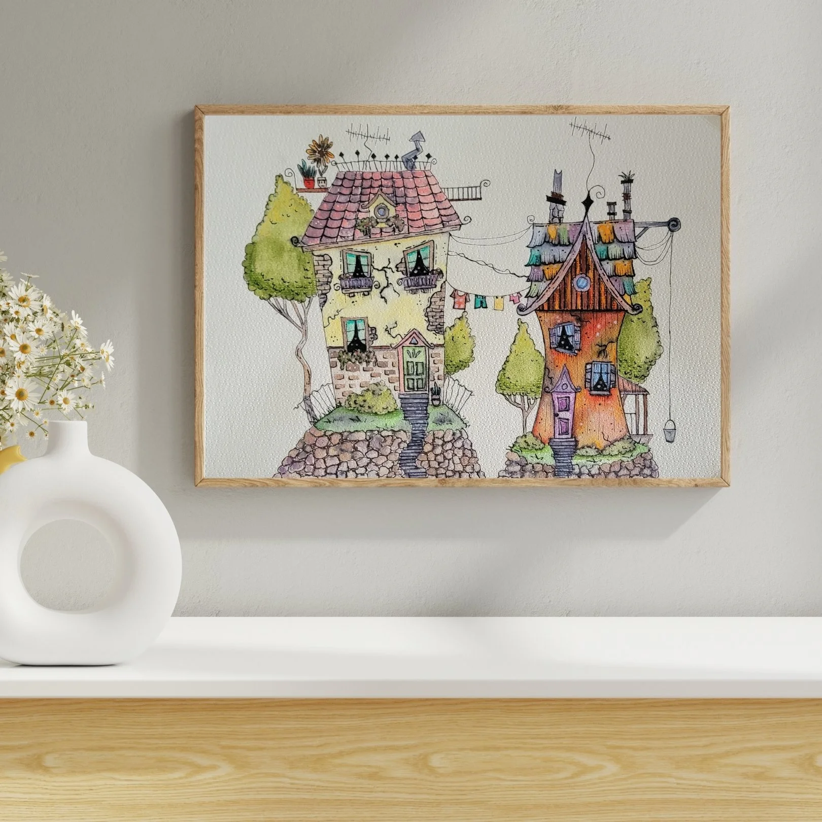 quirky houses with clotheslines and a bucket