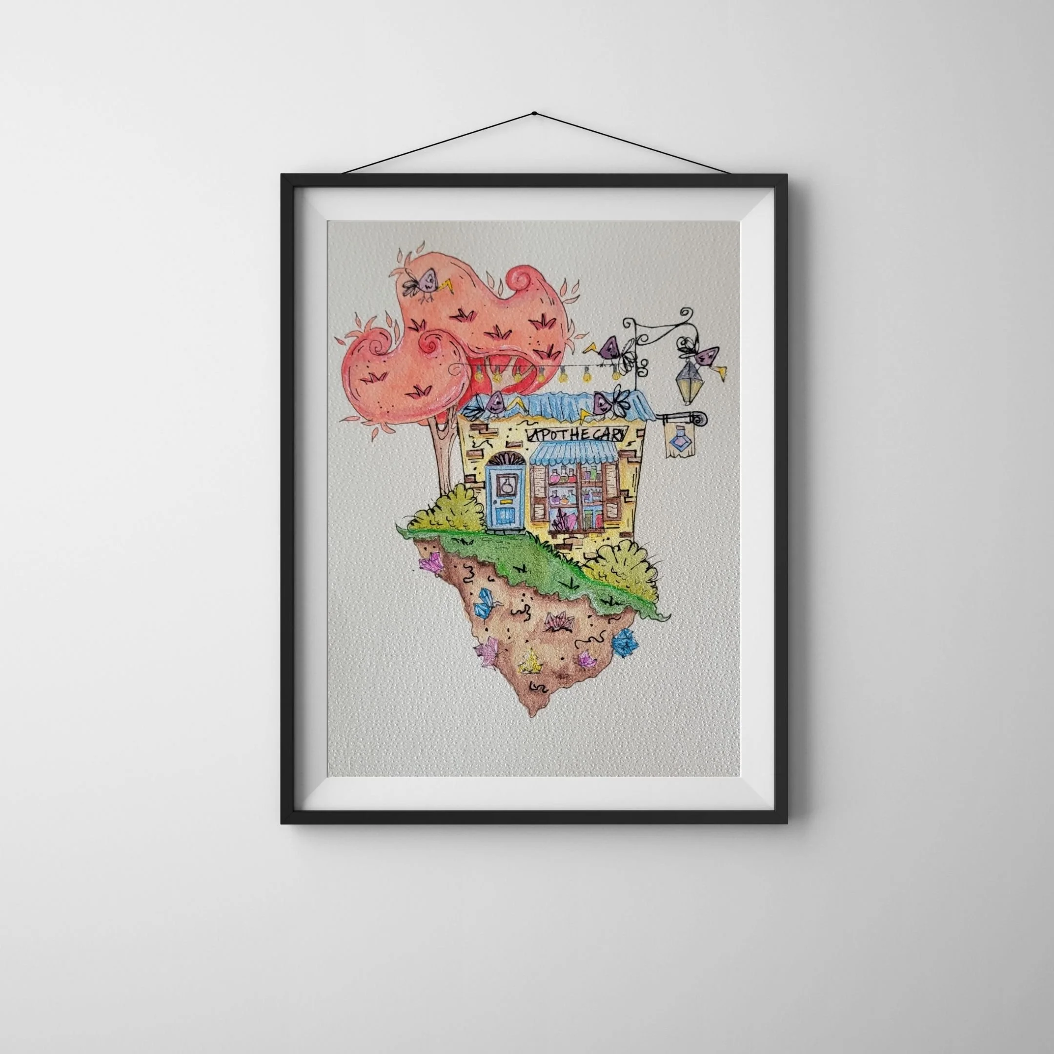 Whimsical Apothecary Cottage – Dark Whimsy Fantasy Landscape Art – Surreal Illustration