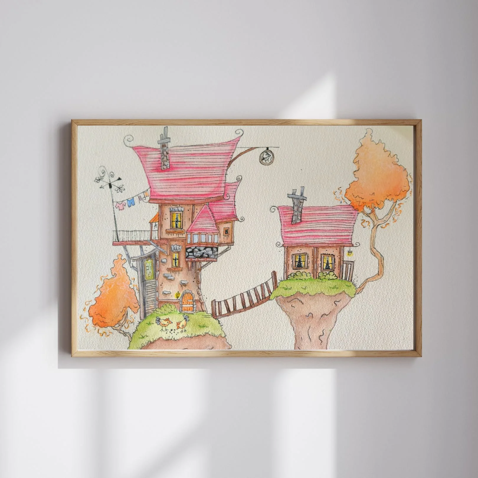 Pink whimsy village with bridge and chickens
