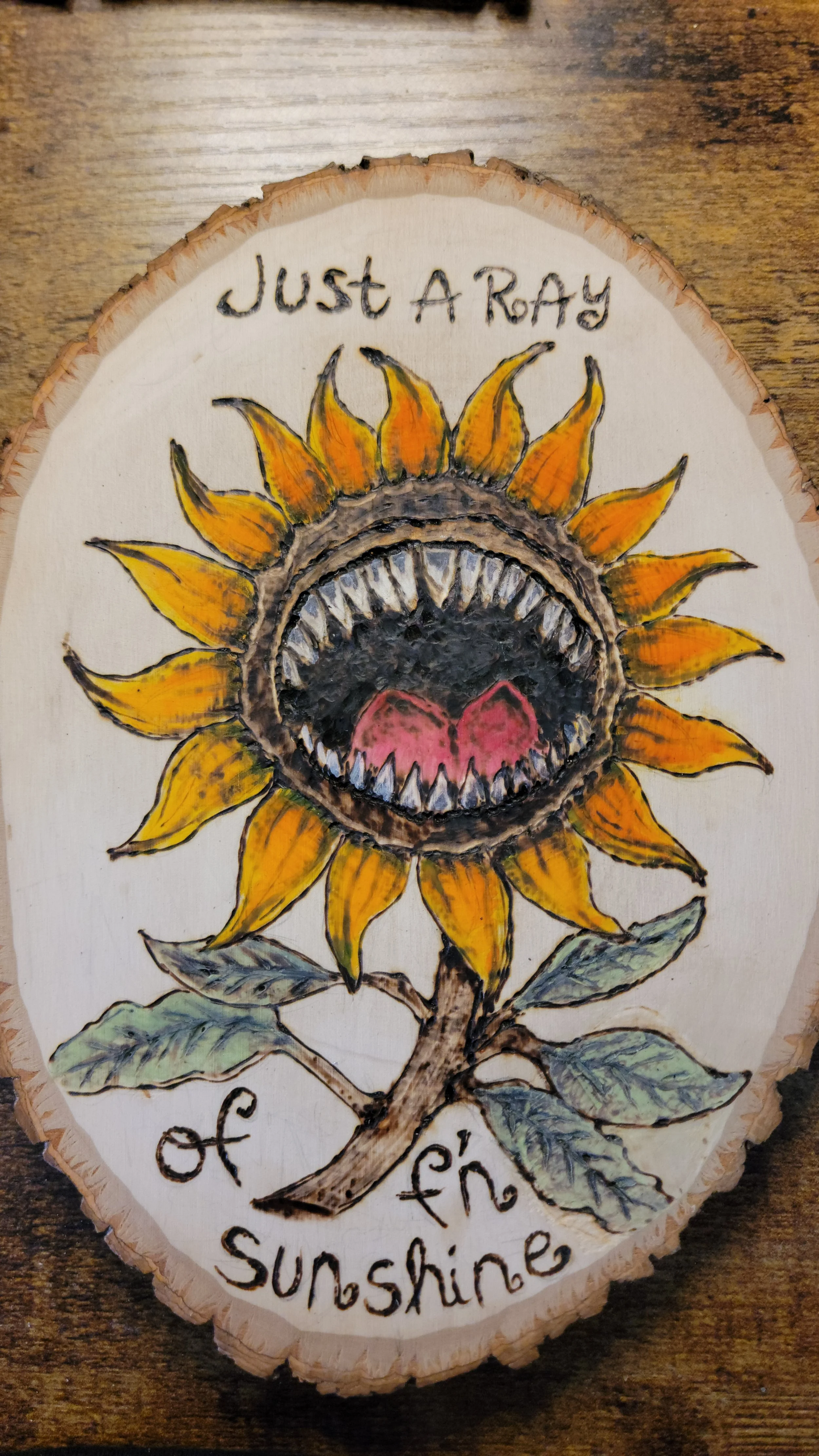 Just a Ray of F’n Sunshine – Original Woodburned Art on Live Edge Basswood