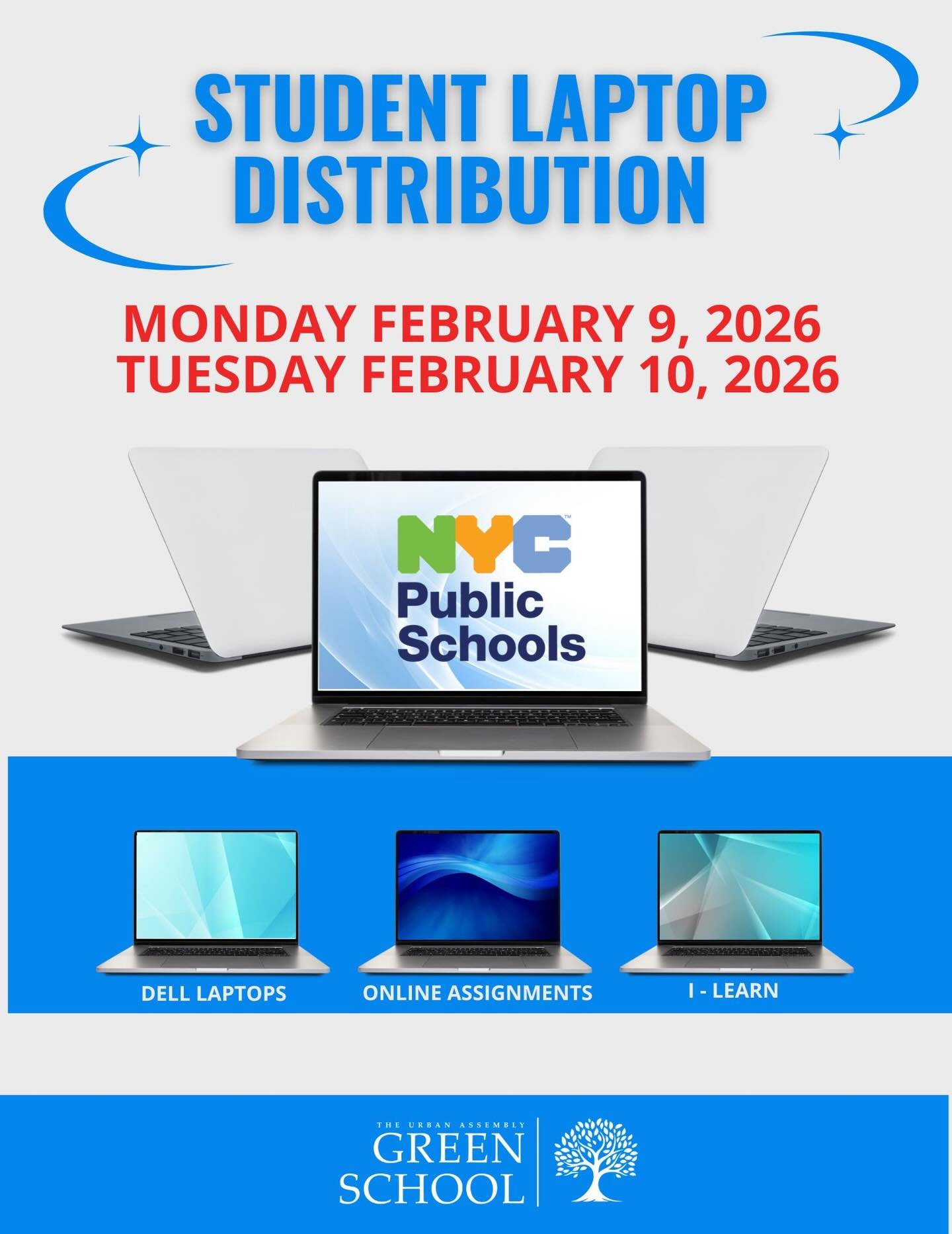 Laptop Distribution Announcement 

📅 February 9&ndash;10, 2026

All Green School Students  will be assigned a Dell laptop to support productivity, innovation, and seamless learning.

Parents &amp; students must complete and return the Device Agreeme