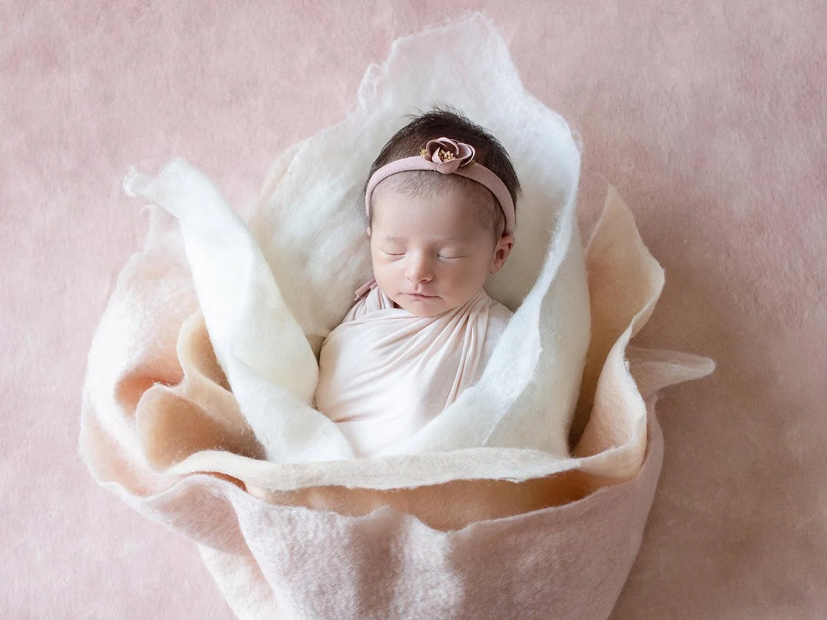 A baby peacefully sleeping, wrapped in a light-colored blanket and positioned inside a large, soft flower-shaped arrangement on a pink background, wearing a pink headband with a flower detail.