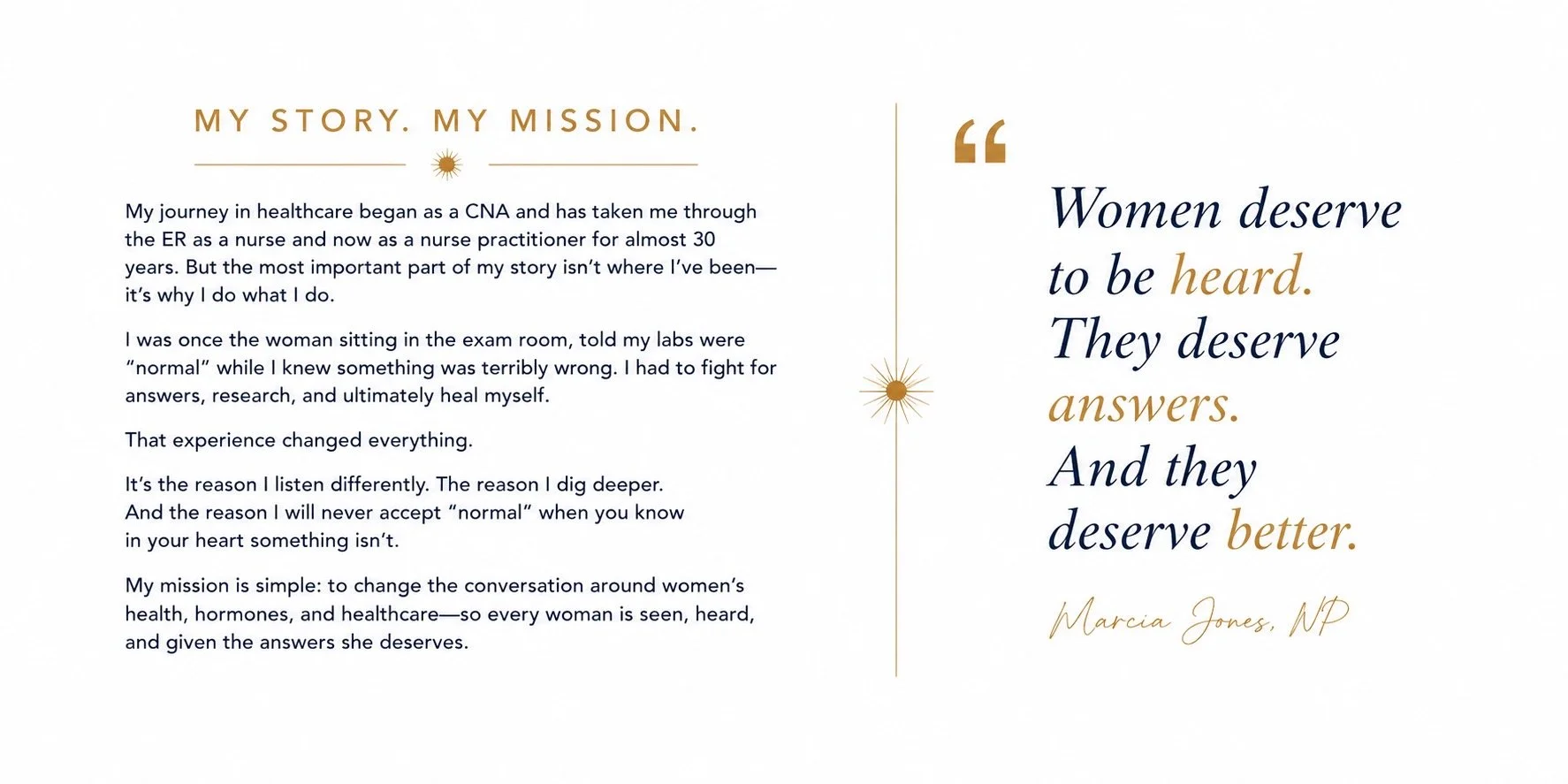 A text-based graphic with the title 'My Story. My Mission.' on the left and a quote on the right about women's health and advocacy, including a small decorative icon of a sun or star.