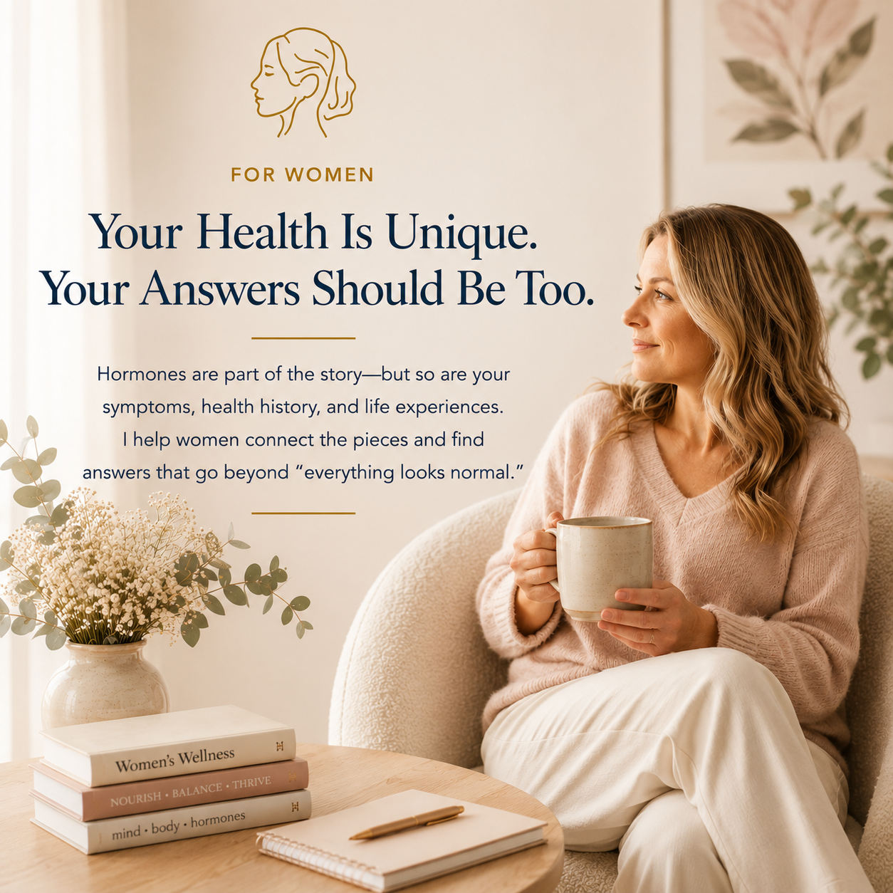 Women’s health and hormone care focused on each woman’s unique symptoms, health history and life experiences to find answers beyond normal lab results.