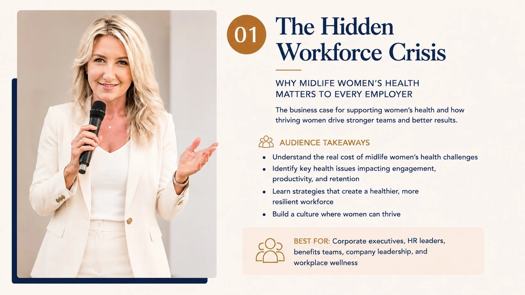 Marcia Jones, NP keynote on why midlife women’s health matters to employers, addressing workforce engagement, productivity, retention and healthier workplace strategies.