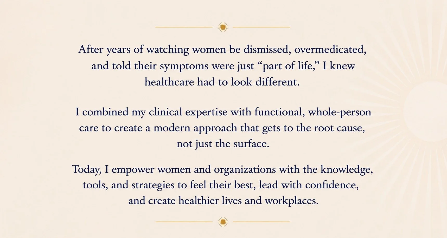 Inspirational quote about empowering women and holistic healthcare, with a sunburst design in the background.