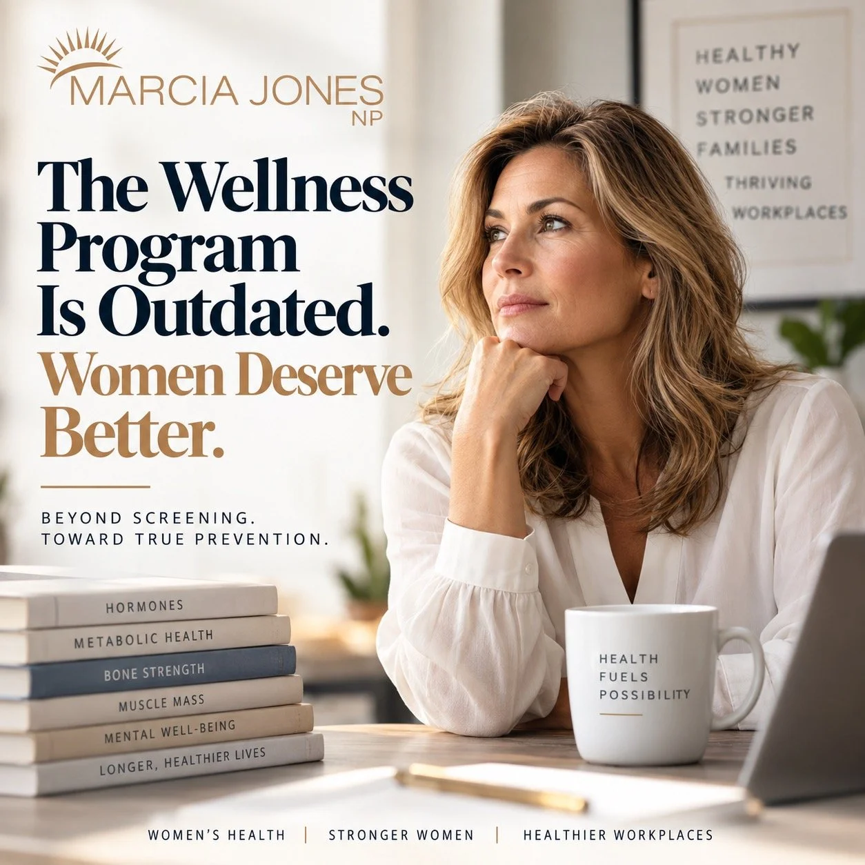Midlife woman representing the need for modern women’s healthcare, with the message “The Wellness Program Is Outdated. Women Deserve Better,” highlighting prevention beyond traditional disease screening.