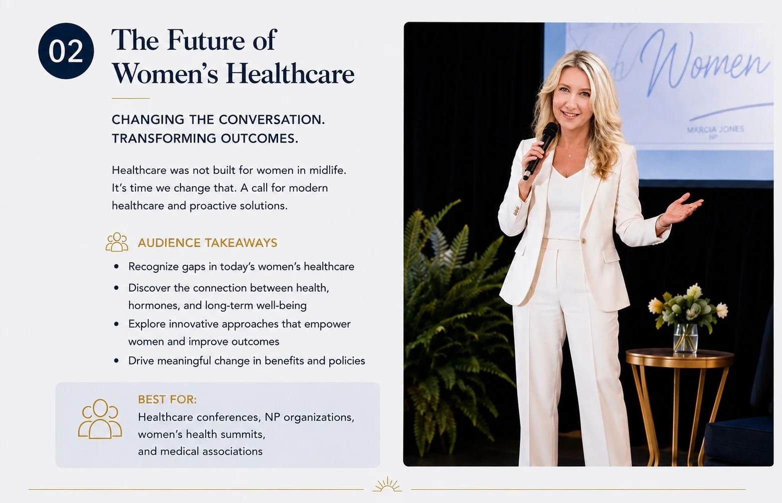 Marcia Jones, NP keynote on the future of women’s healthcare, exploring midlife health, hormones, gaps in care and modern approaches that improve women’s health outcomes.