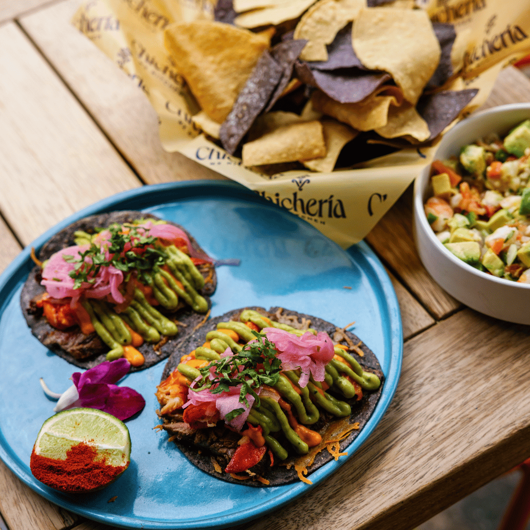 steak and lobster tacos chips ceviche