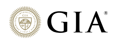 GIA logo, featuring a gold seal with the GIA initials and a scale, alongside bold black letters spelling 'GIA'.