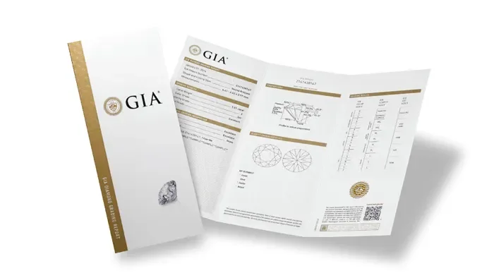 GIA certification documents and report, with diagrams and numerical data, for a diamond or gemstone.