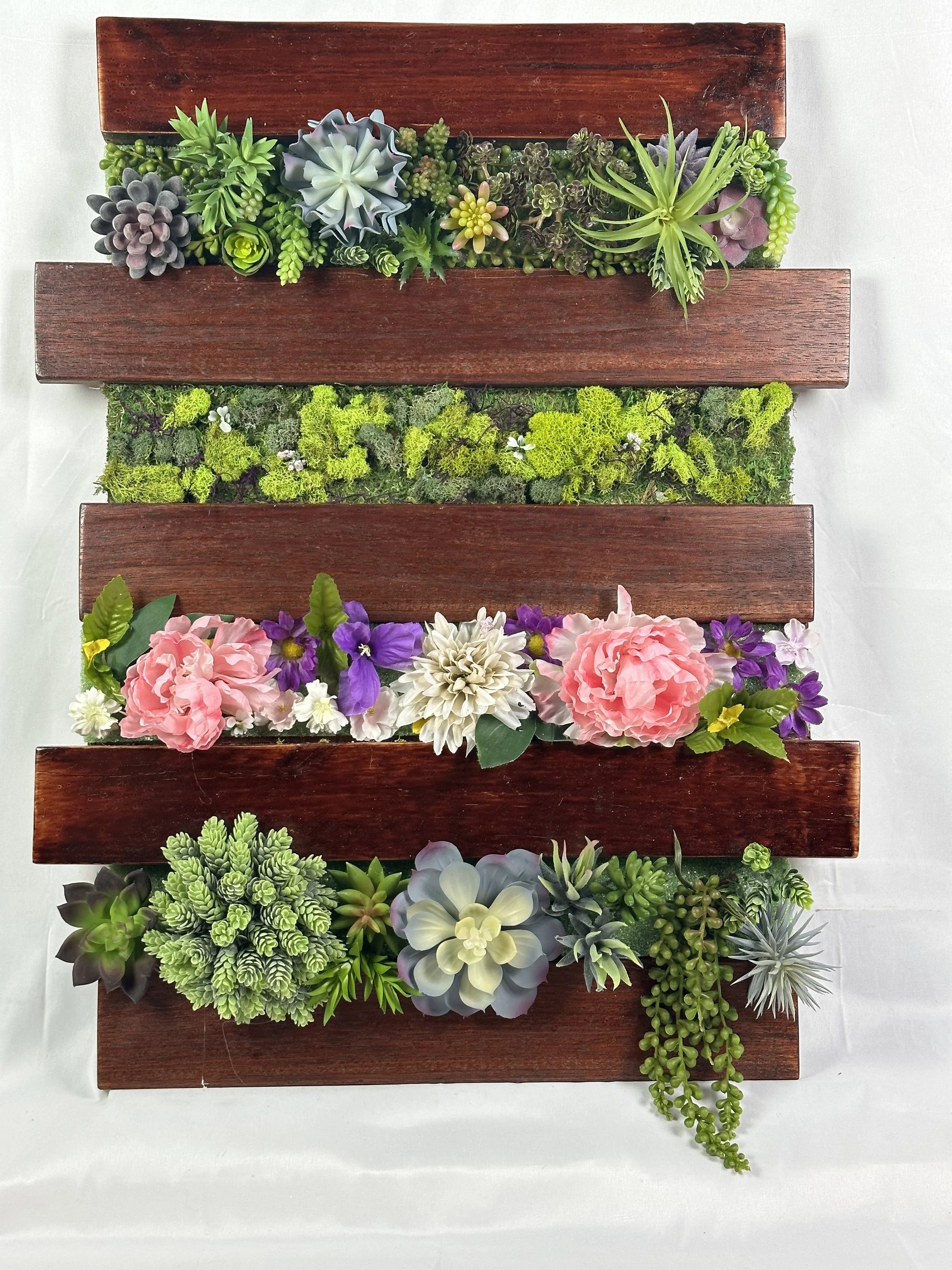 Flower, Moss, Succulent, and Reclaimed Wood Wall Decor.