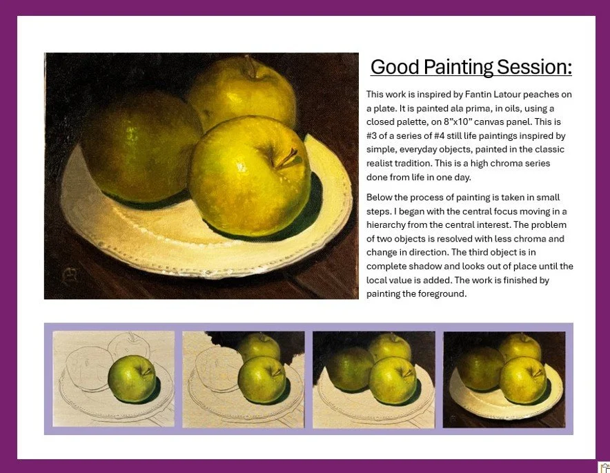 A still life painting of three green apples on a white plate, with the painting process shown in four steps below.