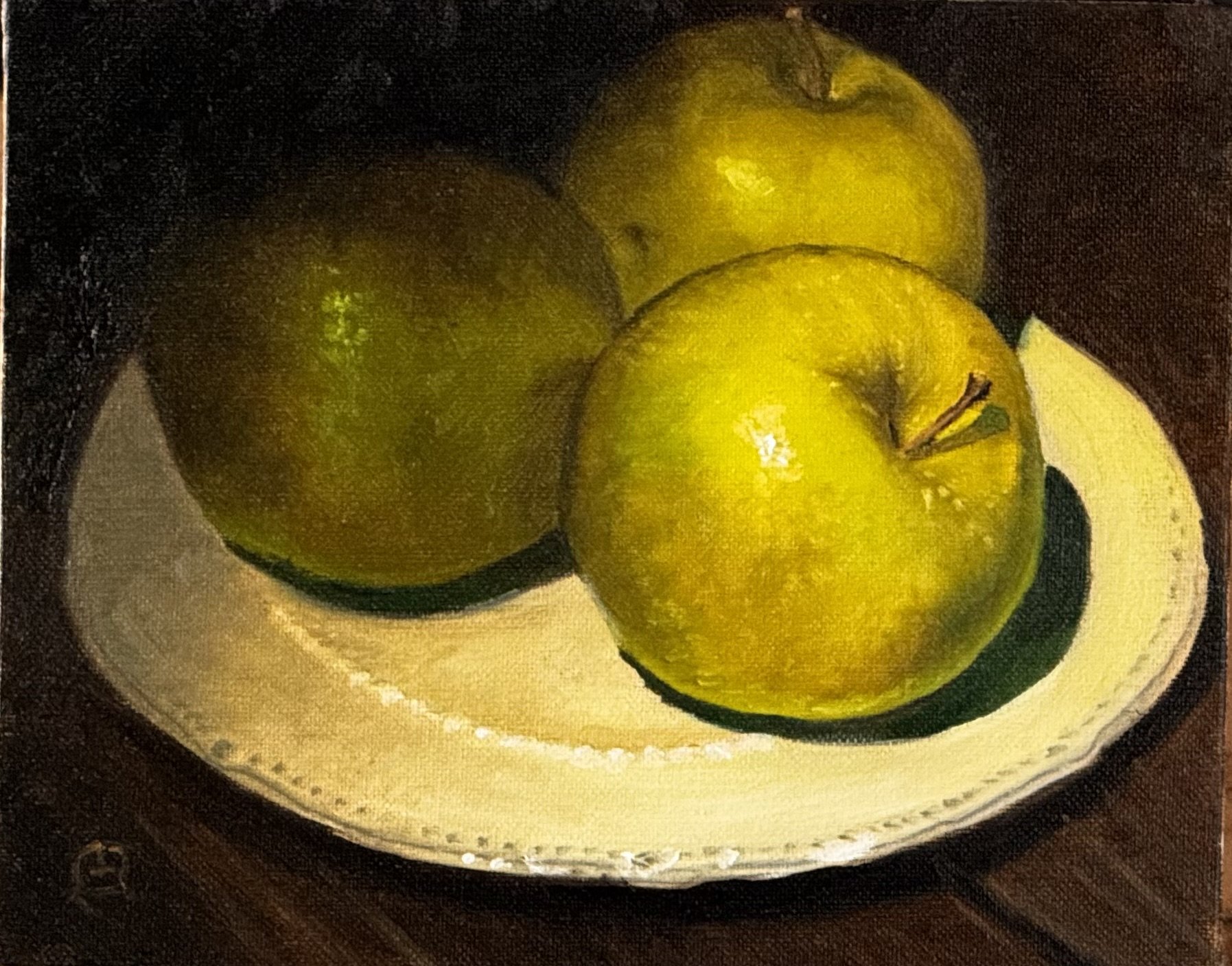 "Apples a la Latour" oil paint, canvas panel, 8" x 10", (2026) Still life inspired by the works of Fantin Latour. Finding beauty in everyday objects. Series #one of # four painted ala prima (in one session).