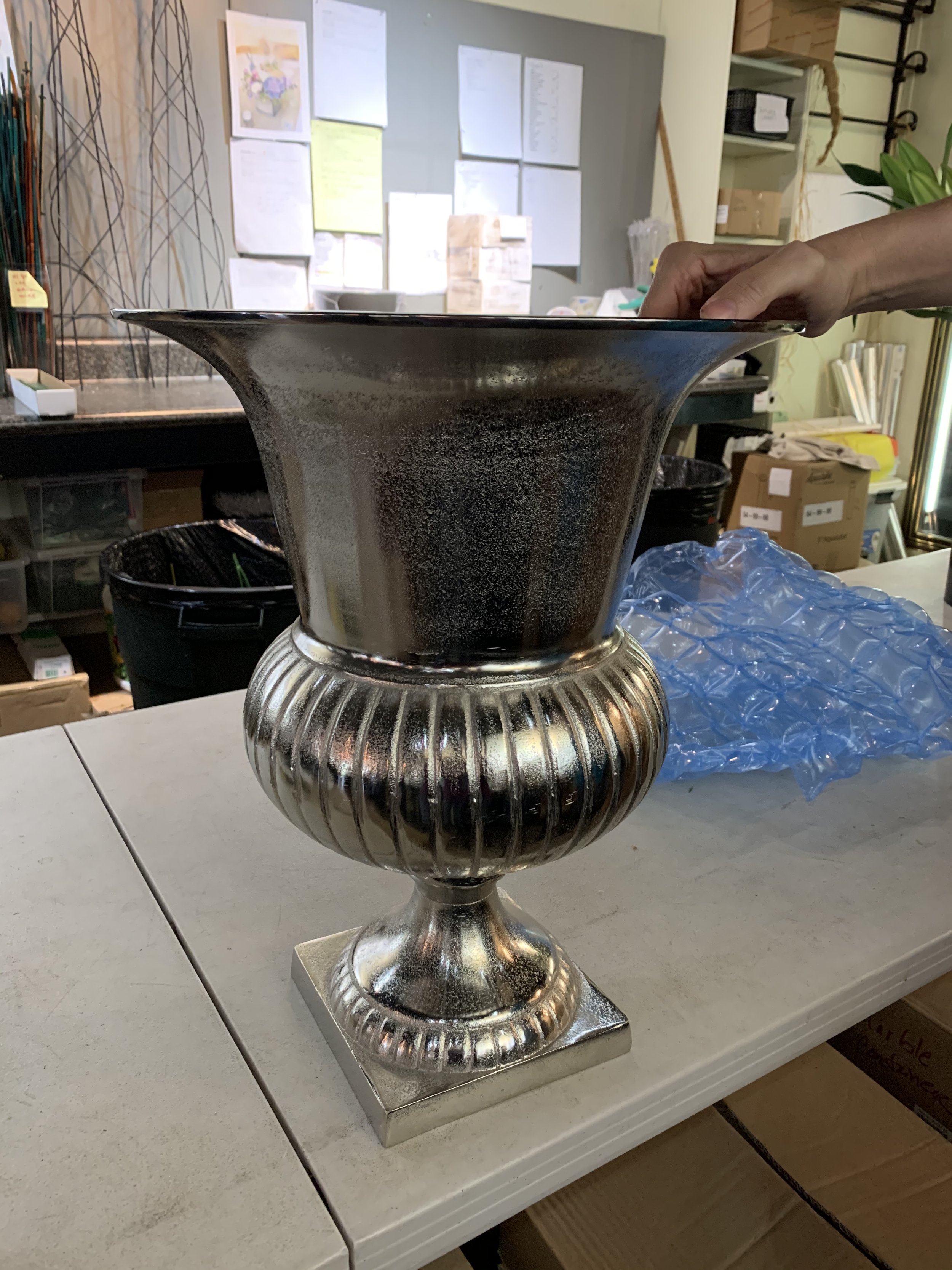 LArge Silver Urn Approx 30 tall and 20 diameter. Rent 35 replace 150-200.jpg