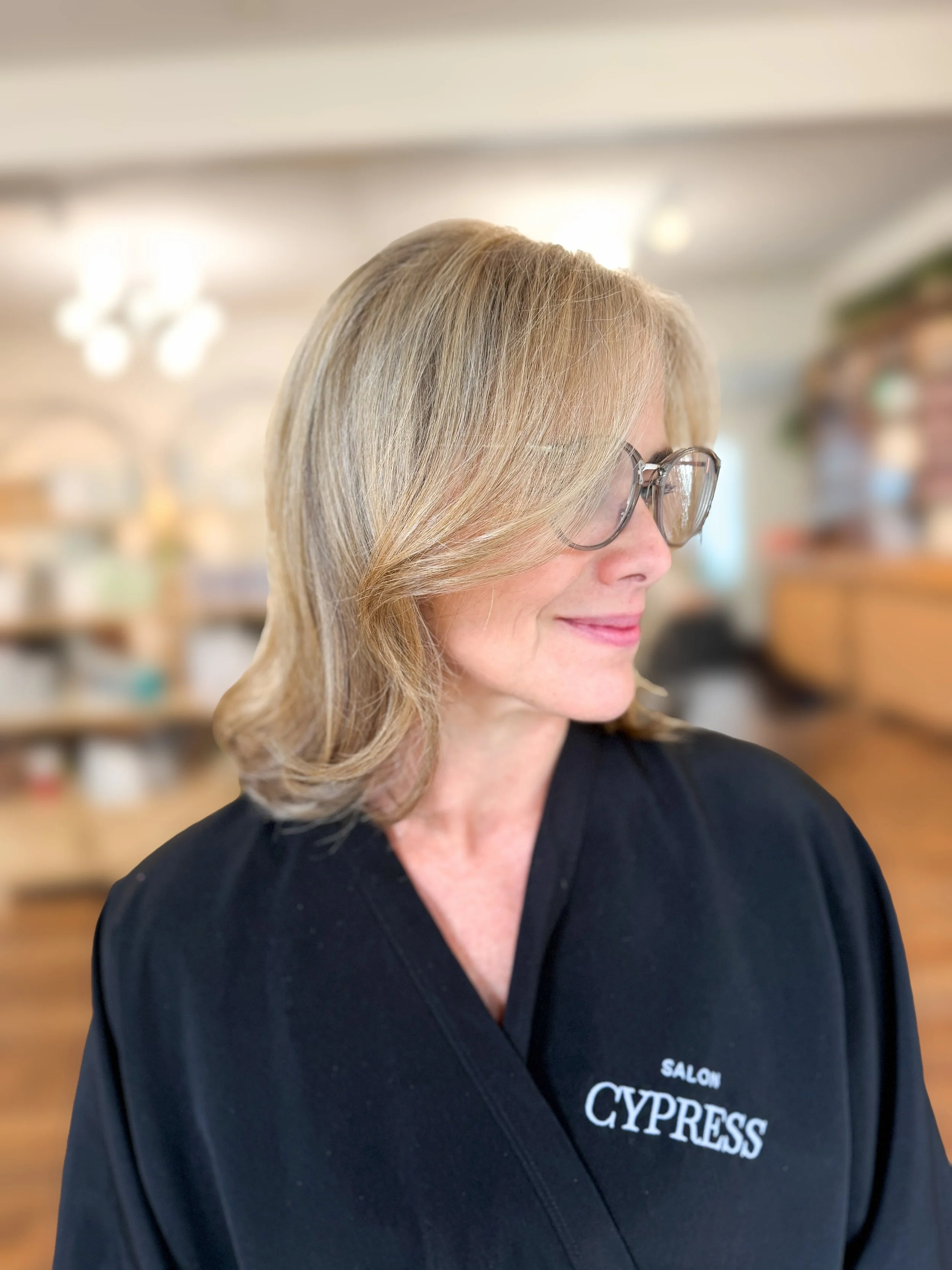 Grey blending doesn&rsquo;t always mean going straight ashy silver. Sometimes embracing a touch of warmth can keep your overall look soft and light without the harsh grow out of a darker color. 

When deciding to blend greys rather than cover them, y