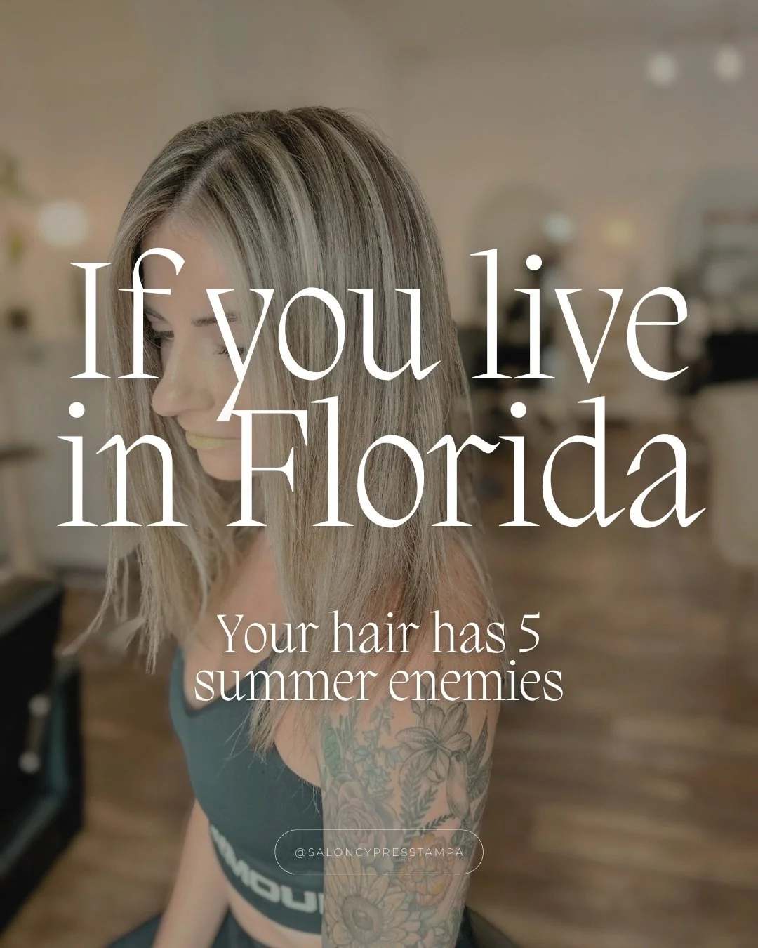 If you live in Florida🌴, your hair has these 5 enemies:

-Uv Rays
-Sweat
-Humidity
-Chlorine and Ocean Water
-Hard Water

All of which can lead to dry, brittle hair and color fade.
Ask your stylist to help create the perfection salon or at-home regi