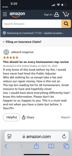 Amazon customer review of Filing an Insurance Claim book by ClaimHelpMe