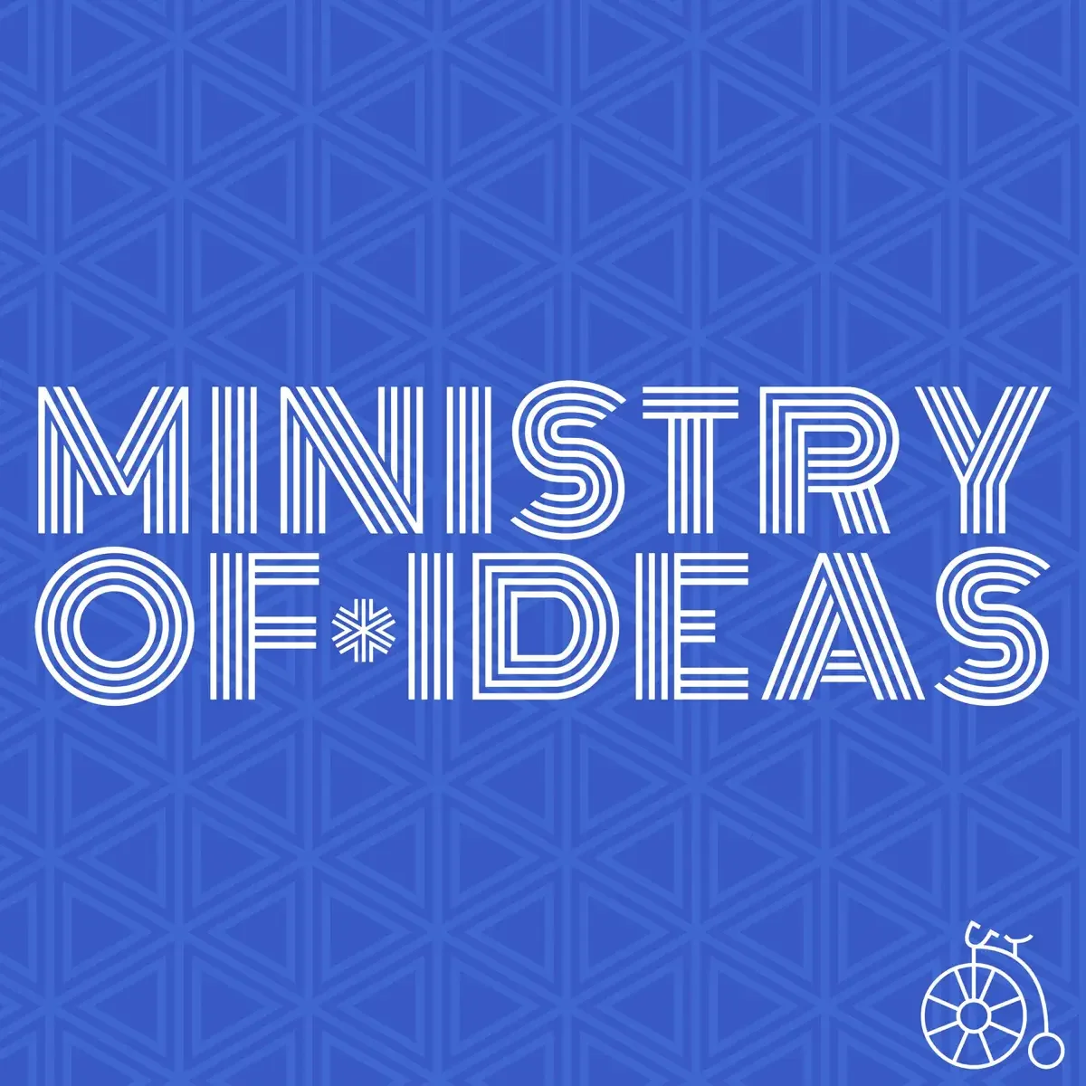 Text reading 'Ministry of Ideas' in stylized white font on a blue background with geometric pattern, and a small white bicycle icon in the bottom right corner.