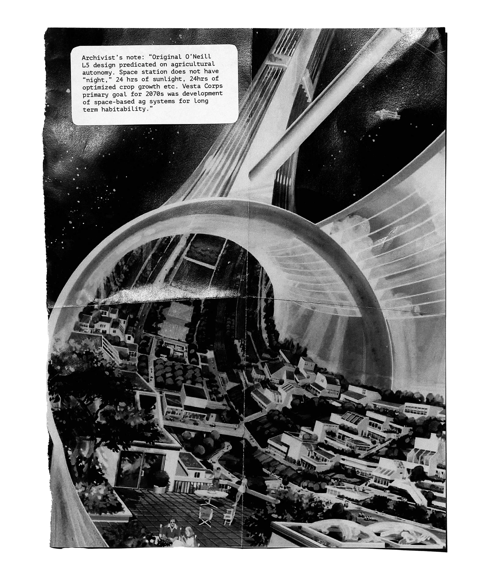 Black and white illustration of a space station with a large circular window showing a view of a city and landscape below, with space and stars in the background, and a note about space-based agricultural systems.