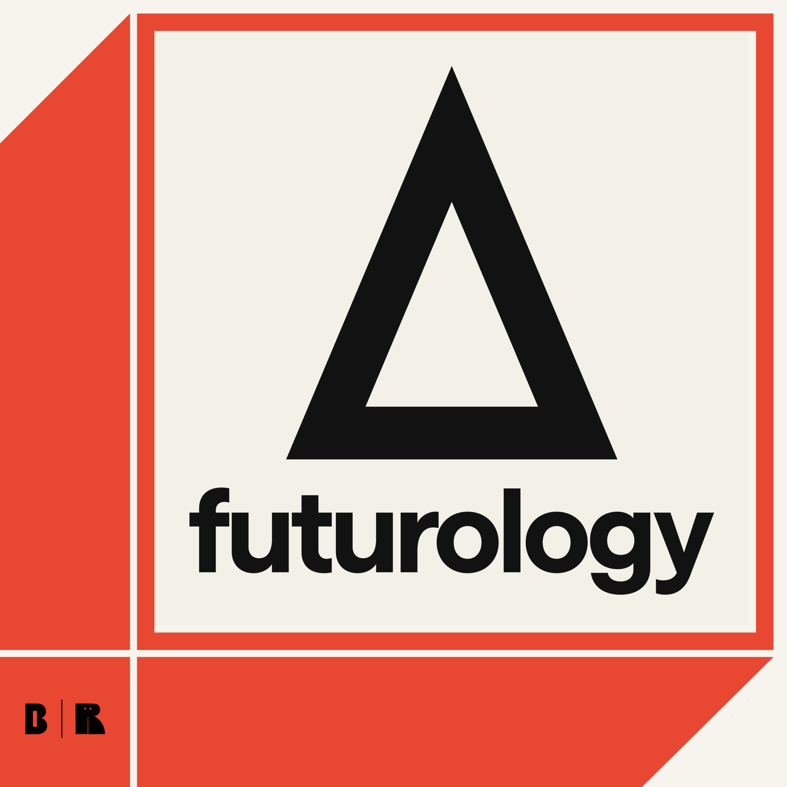 A graphic design logo with a large black triangle outline, the word "futurology" underneath, and a red geometric background with black small letters "B" and "R" in the bottom left corner.