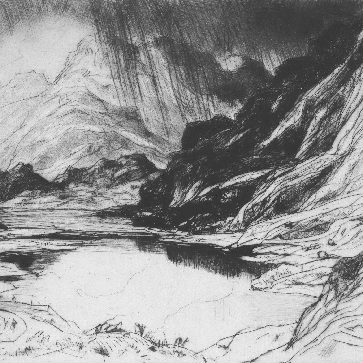 A pencil sketch of mountains, a river, and sky with rain.