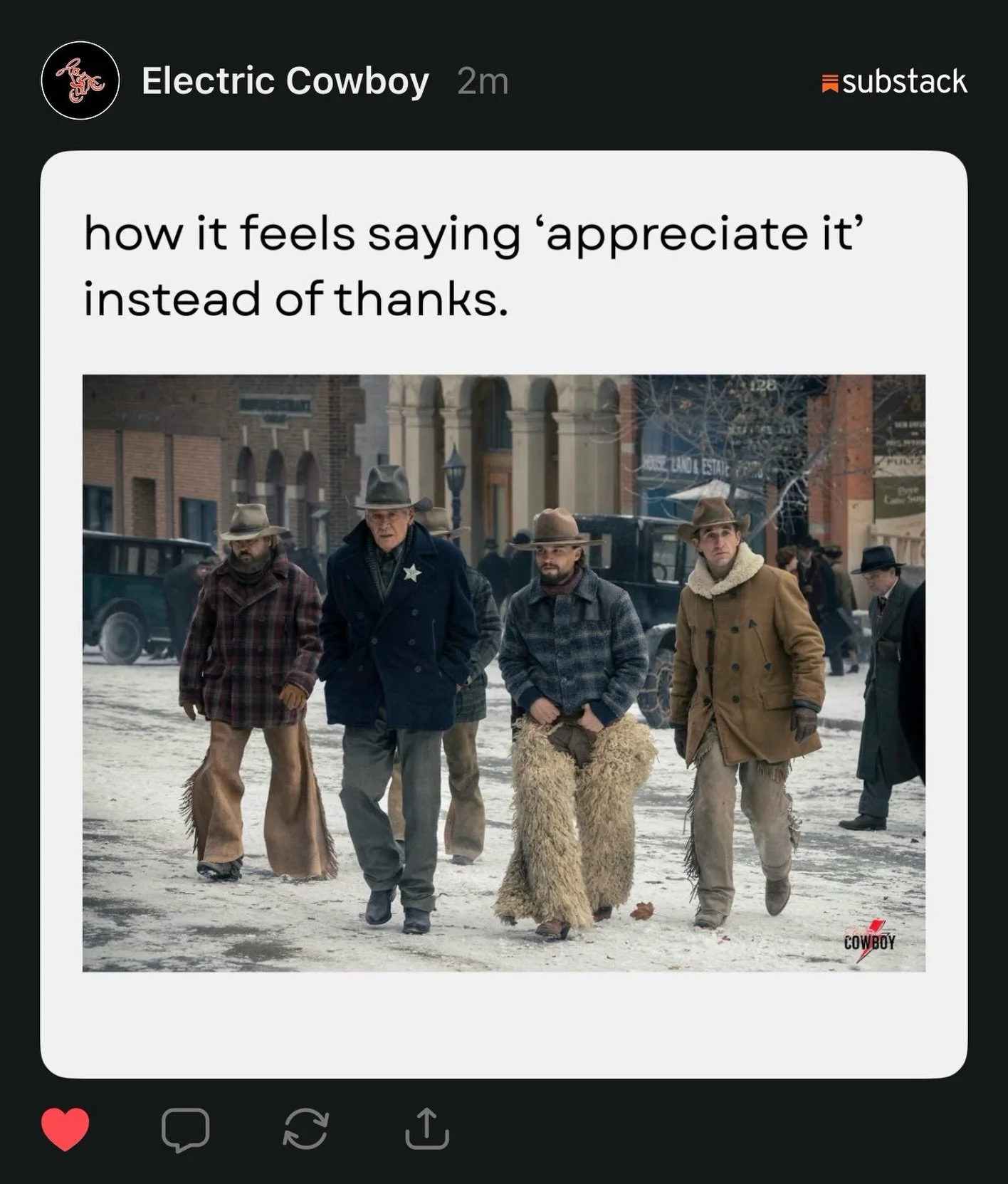 There&rsquo;s something about a soft nod and saying &lsquo;appreciate it&rsquo; that makes me feel like I got 40 cattle to rope and a 10 mile stretch of fence to fix. 🤠🙏🏻