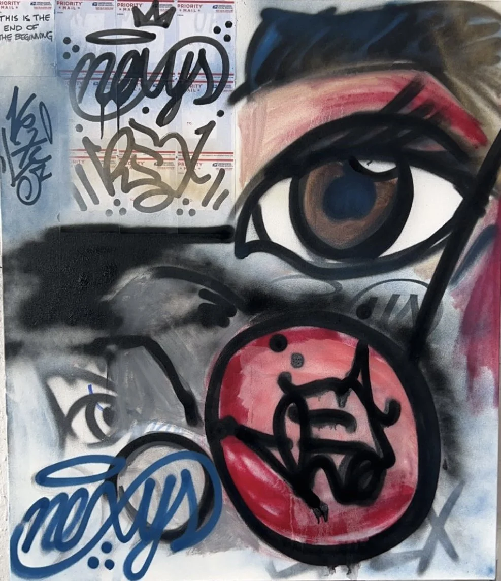 Thesis V.3
[40in x 40in]
Spray Paint, Oil, Acrylic, Sticker, Ink on Canvas