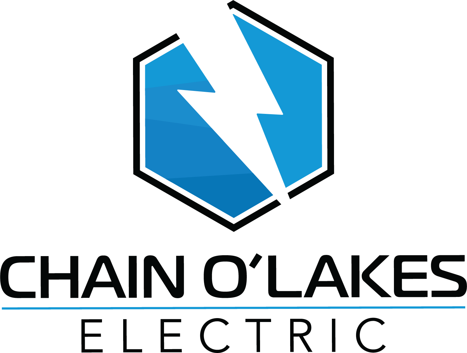 Logo of Chain O'Lakes Electric featuring a blue hexagon with a white lightning bolt, and the company name beneath in black text.