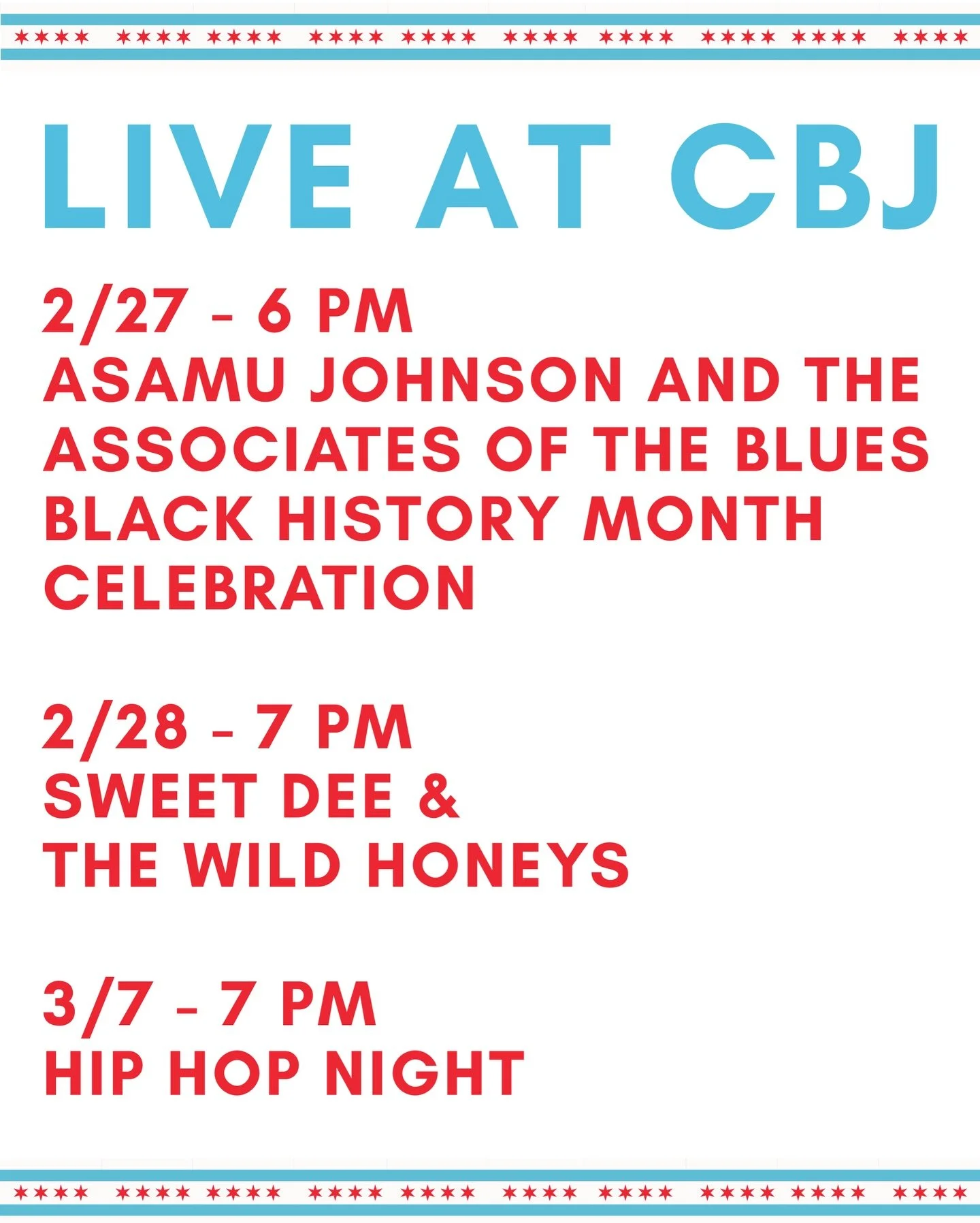 We have some amazing shows coming up at CBJ! All of these are in addition to our Wednesday Bluegrass and Thursday Blues Jams 😎

Keep an eye on our socials for the latest entertainment updates and visit the link in our bio to purchase tickets today ?