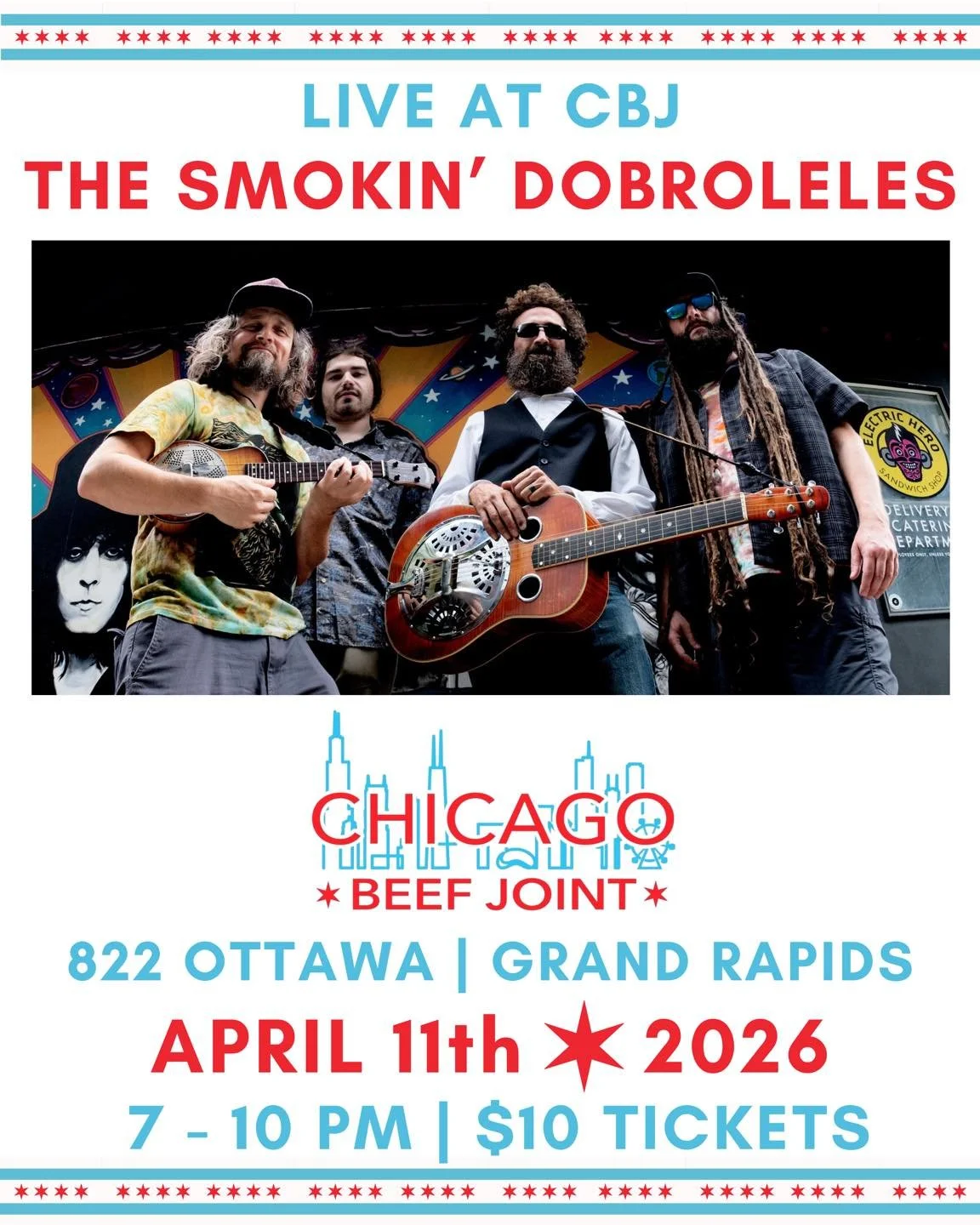 The Smokin&rsquo; Dobroleles are bringing dobro, uke, bass, &amp; drums to CBJ on Saturday! Swing by for an evening of bluegrass, folk, jazz, &amp; more. Tickets available at the link in our bio 😎