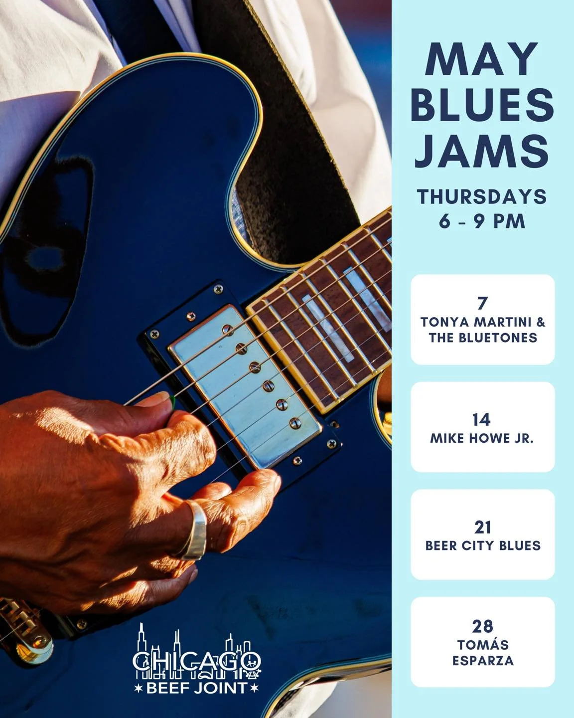 Another 🔥 month of Blues Jams! Come to CBJ every Thursday from 6-9 PM for live blues music from local bands 🕺