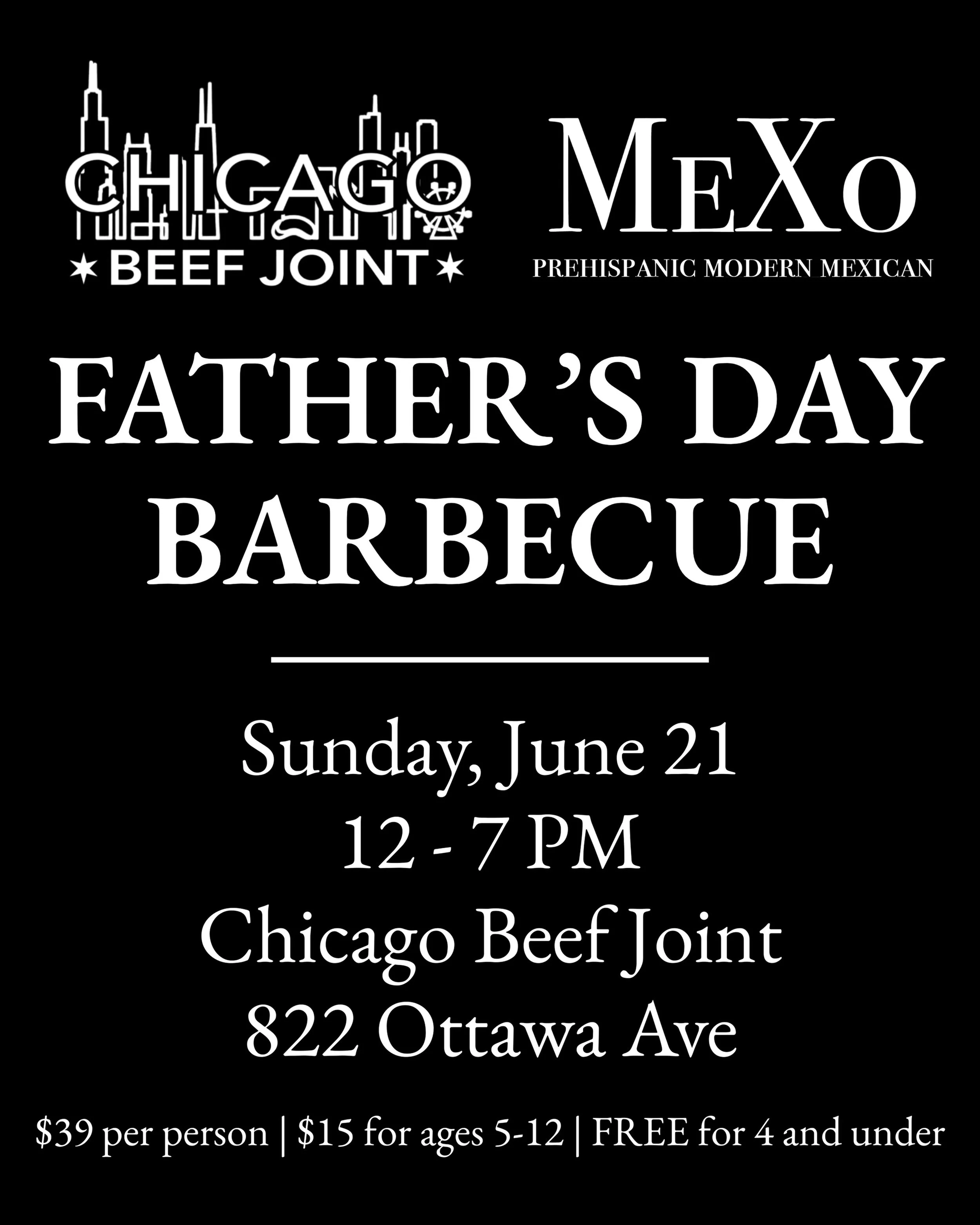 The best of both worlds is coming to CBJ this Father&rsquo;s Day! CBJ and MeXo are joining forces for a Mexified BBQ celebration like no other. Dad&rsquo;s going to love it&hellip; promise 😎

- 822 Ottawa Ave (Chicago Beef Joint)
- 12-7 PM
- Outdoor
