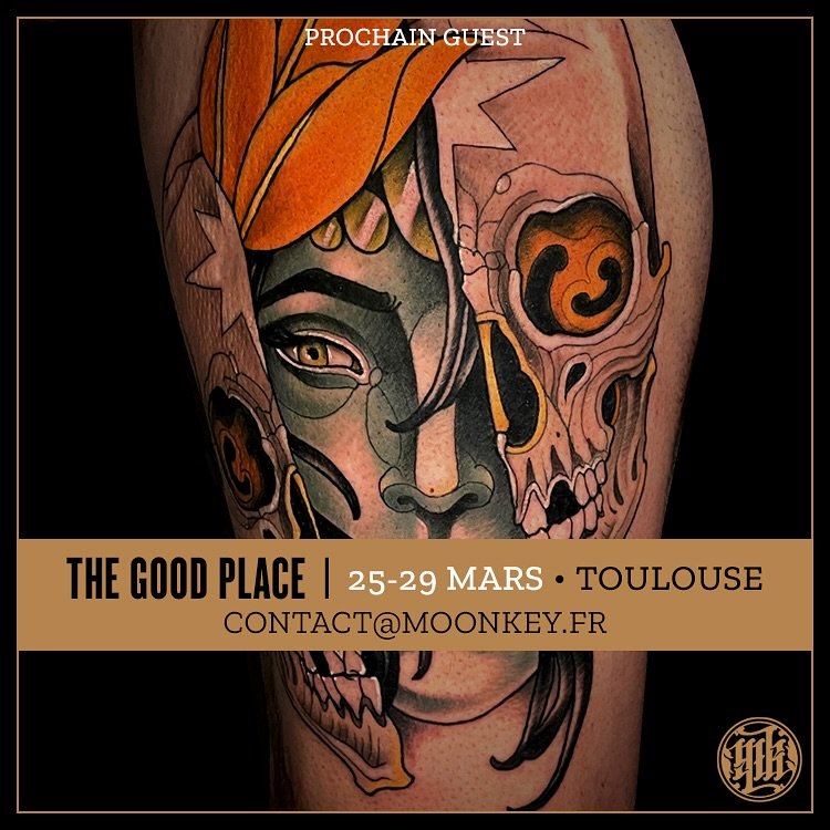 TOULOUSE 🌝
Je viens rendre visite &agrave; la talentueuse &eacute;quipe de  @thegoodplacetattoo du 25 au 29 mars 🐵

🔥Les prises de rdvs sont ouvertes, 
Toutes tailles de projets, couleurs ou noir &amp; gris ❤️

🌜contact@moonkey.fr ou MP🌛

N&rsqu