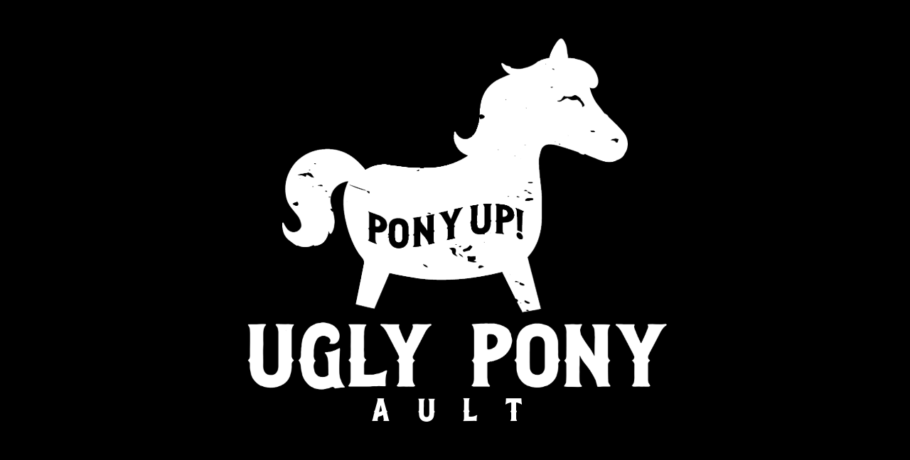 A black and white graphic featuring a miniature pony name Hank - what a good-looking pony 'PONY UP!'