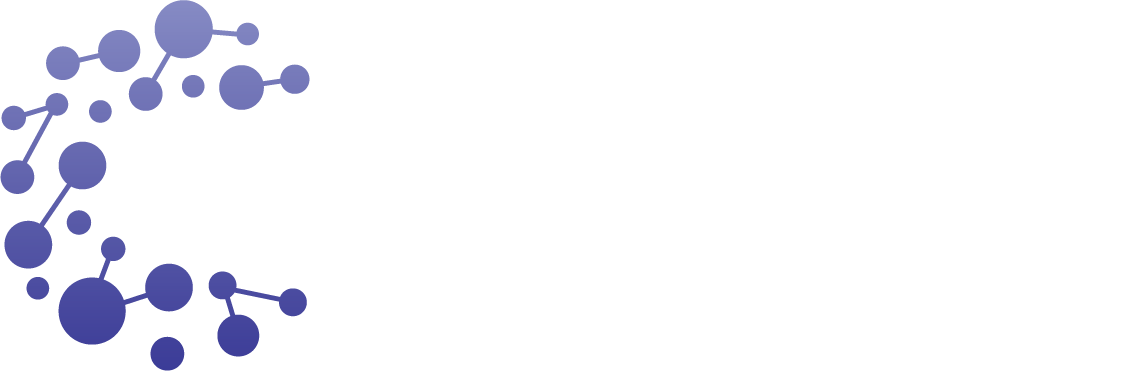 Abstract illustration of interconnected purple circles and lines resembling a molecular structure on a white background.