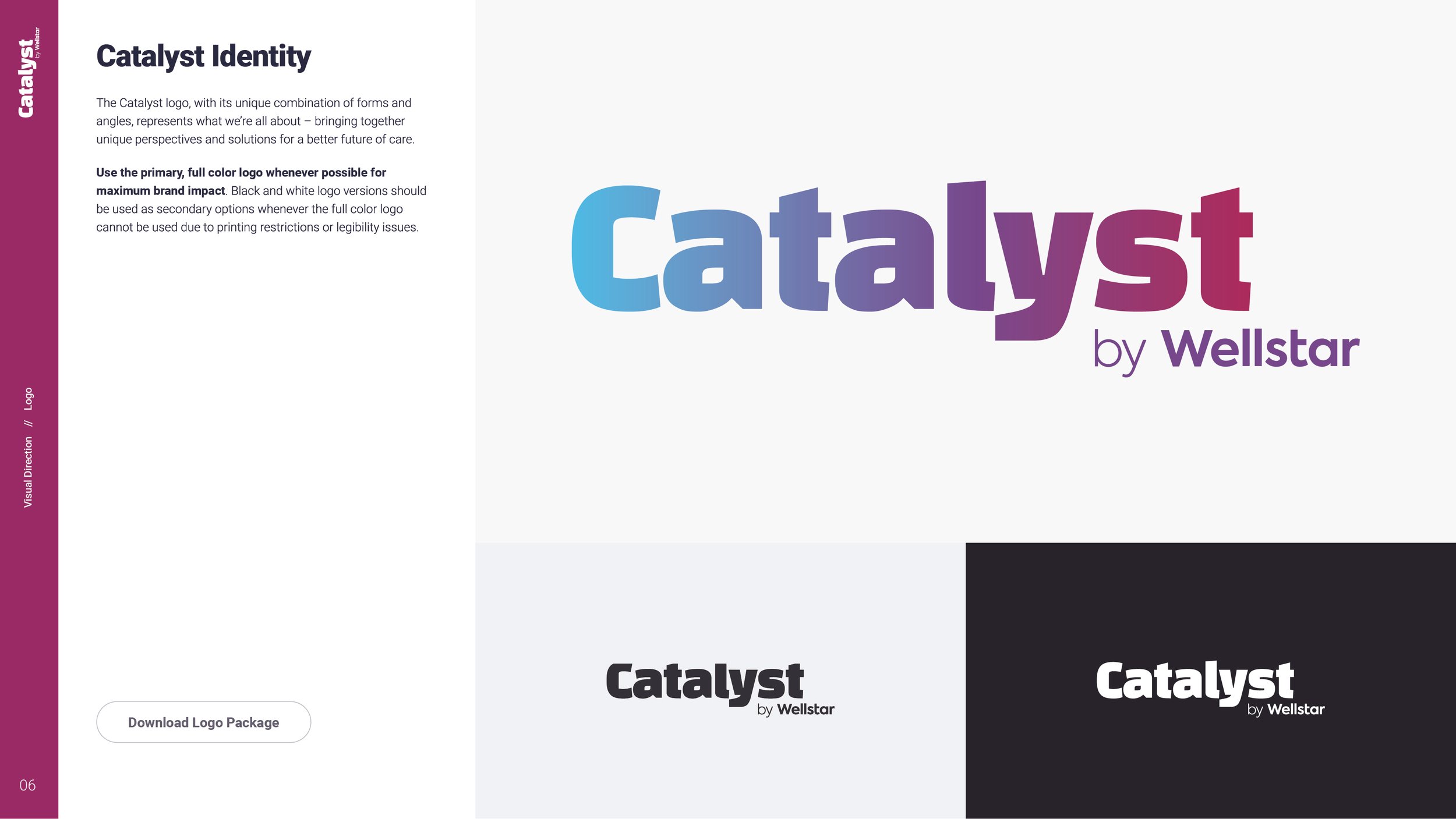 Presentation slide showing the Catalyst logo in full color, black and white, and as a transparent icon, with instructions on logo usage and a download button for logo packages.