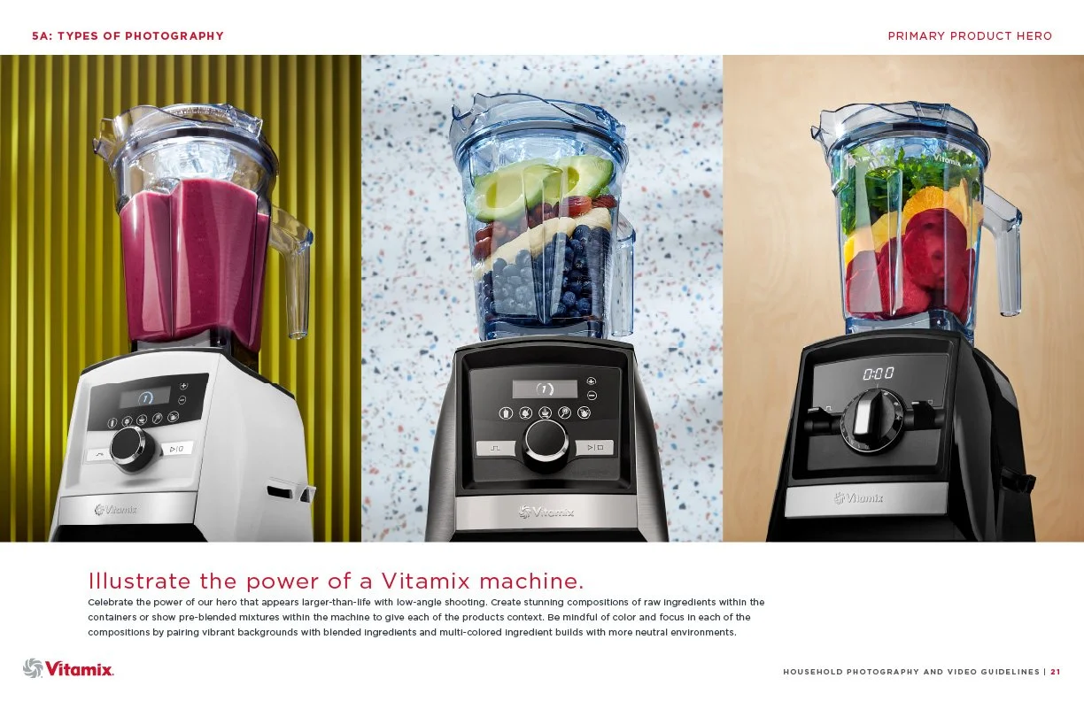 Three Vitamix blenders each filled with colorful smoothies or ingredients, set against different backgrounds.