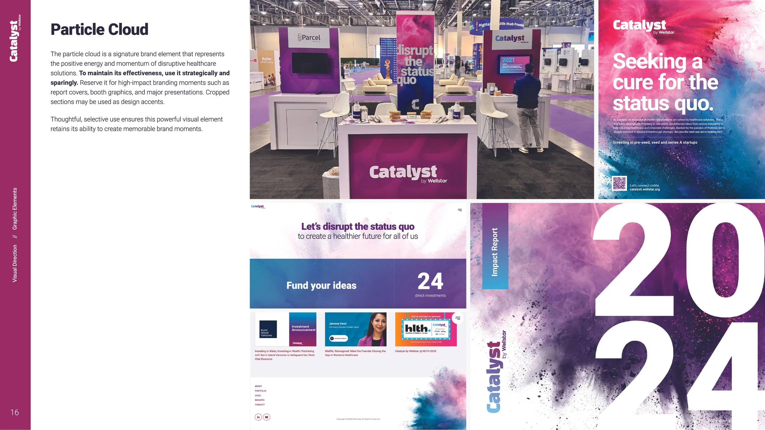 An indoor conference exhibition booth for Catalyst by Wellstar features a purple and white color scheme, with multiple display areas, chairs, and informational posters promoting healthcare innovation.